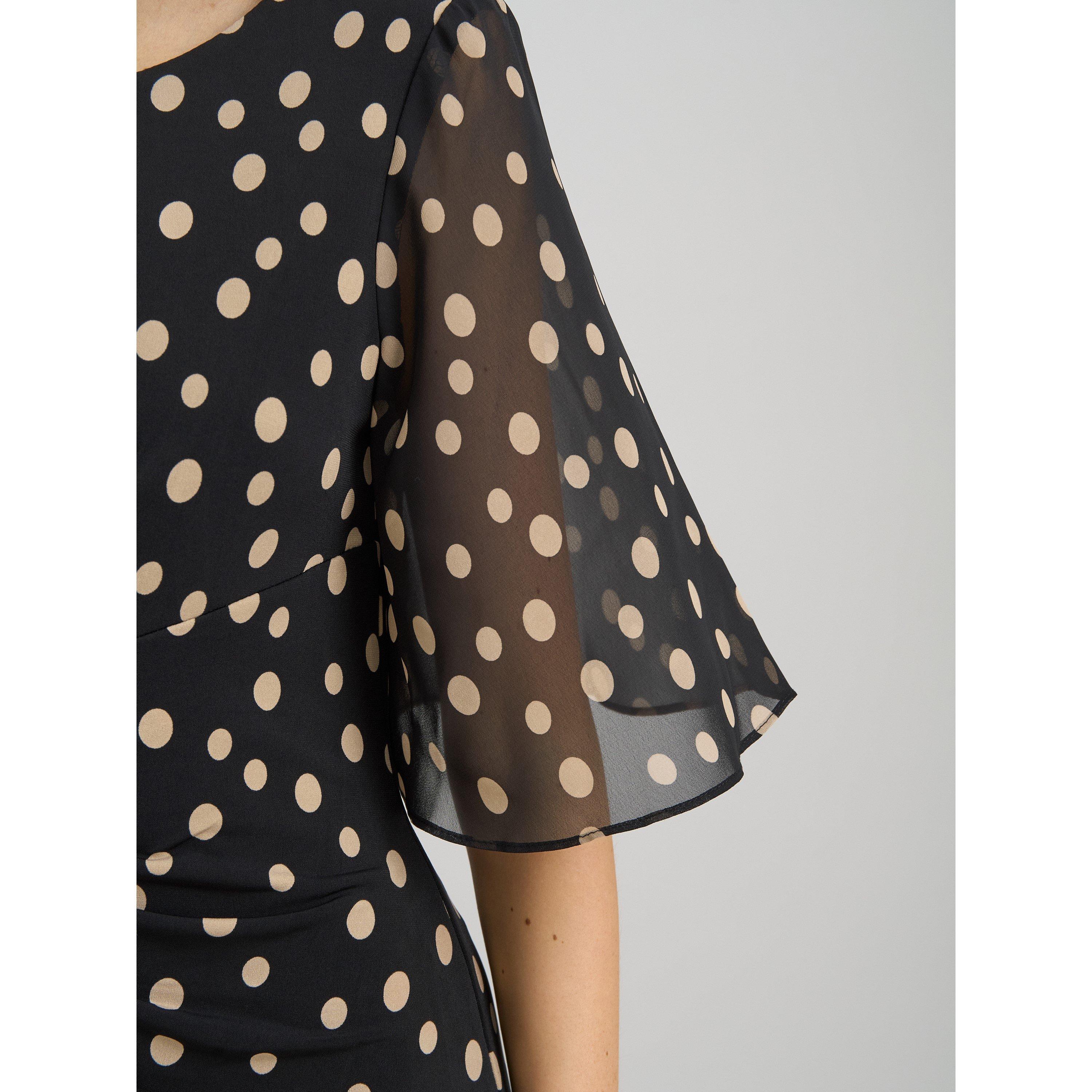 Black / Beige - Gina Bacconi - Greta Spot Print Faux Wrap Dress - 5