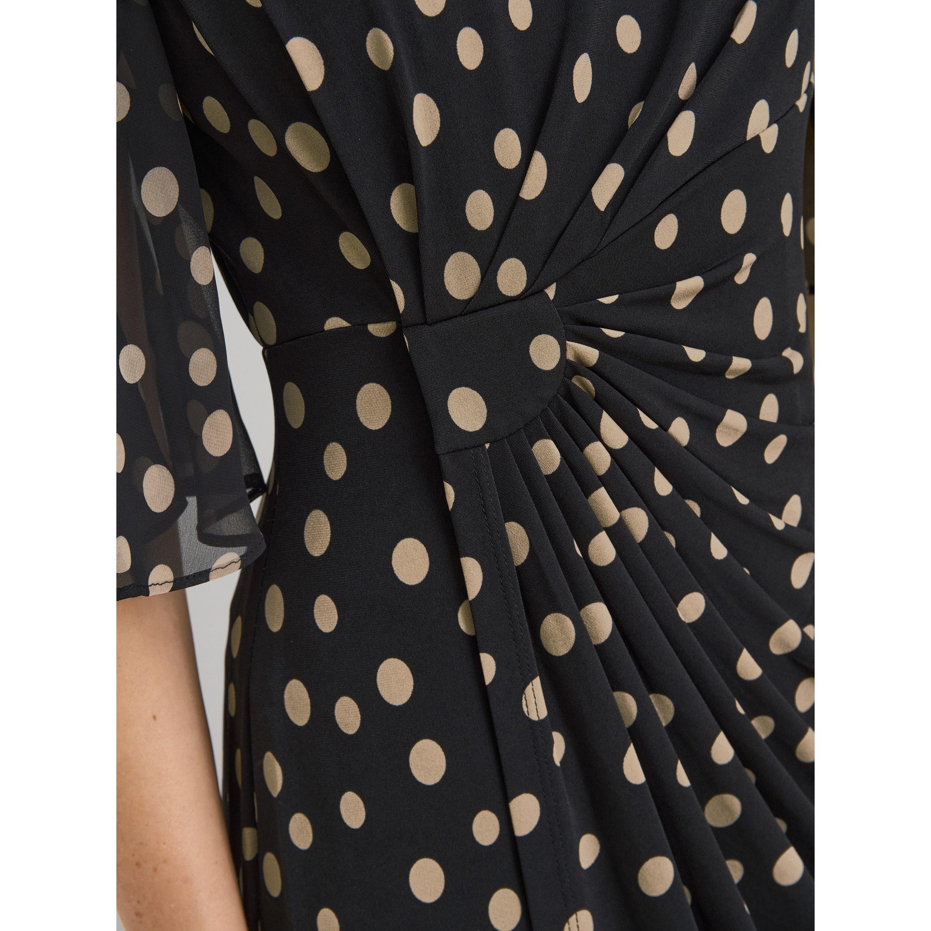Black / Beige - Gina Bacconi - Greta Spot Print Faux Wrap Dress - 6