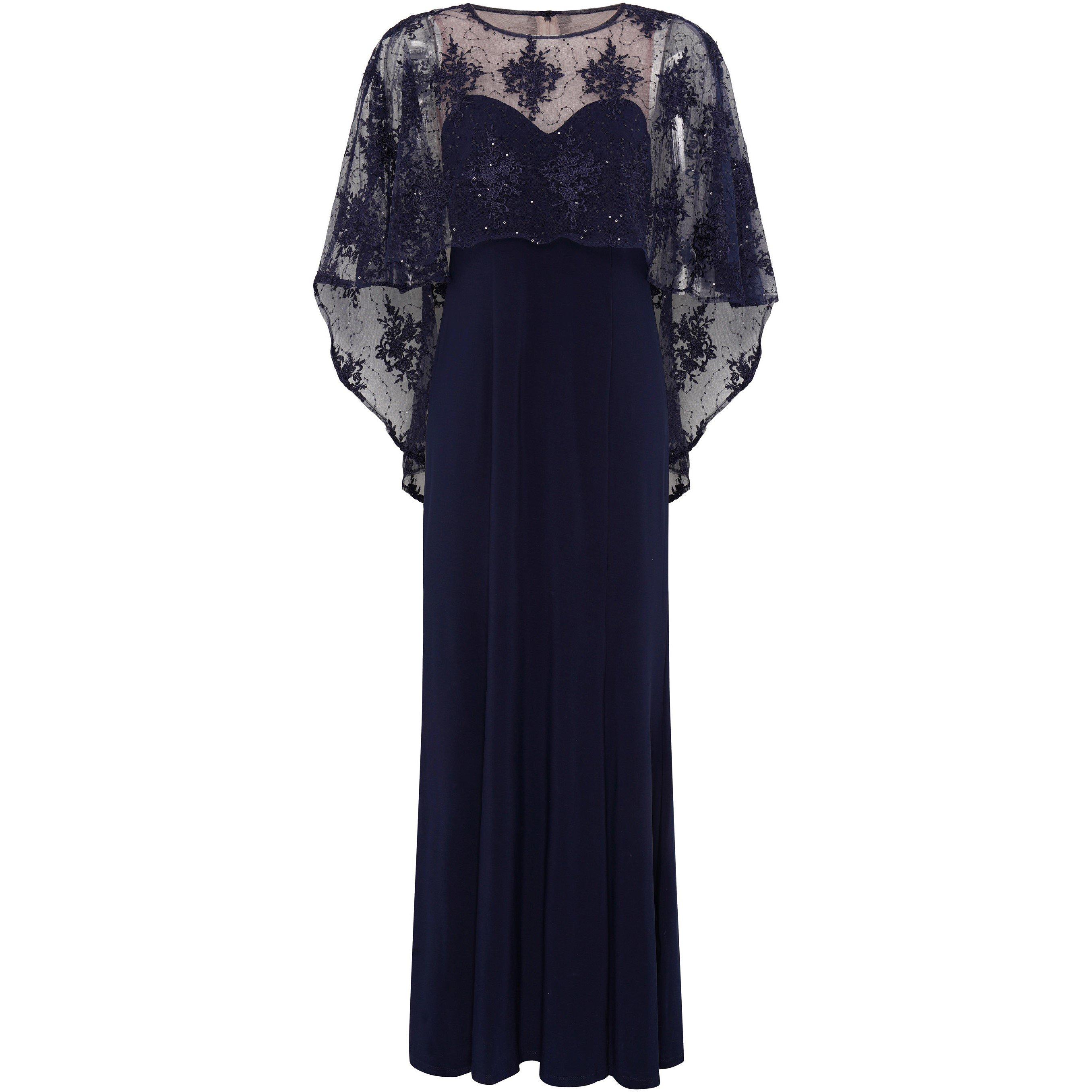 Navy / Nude - Gina Bacconi - Desire Jersey Maxi Dress With Lace Cape - 1