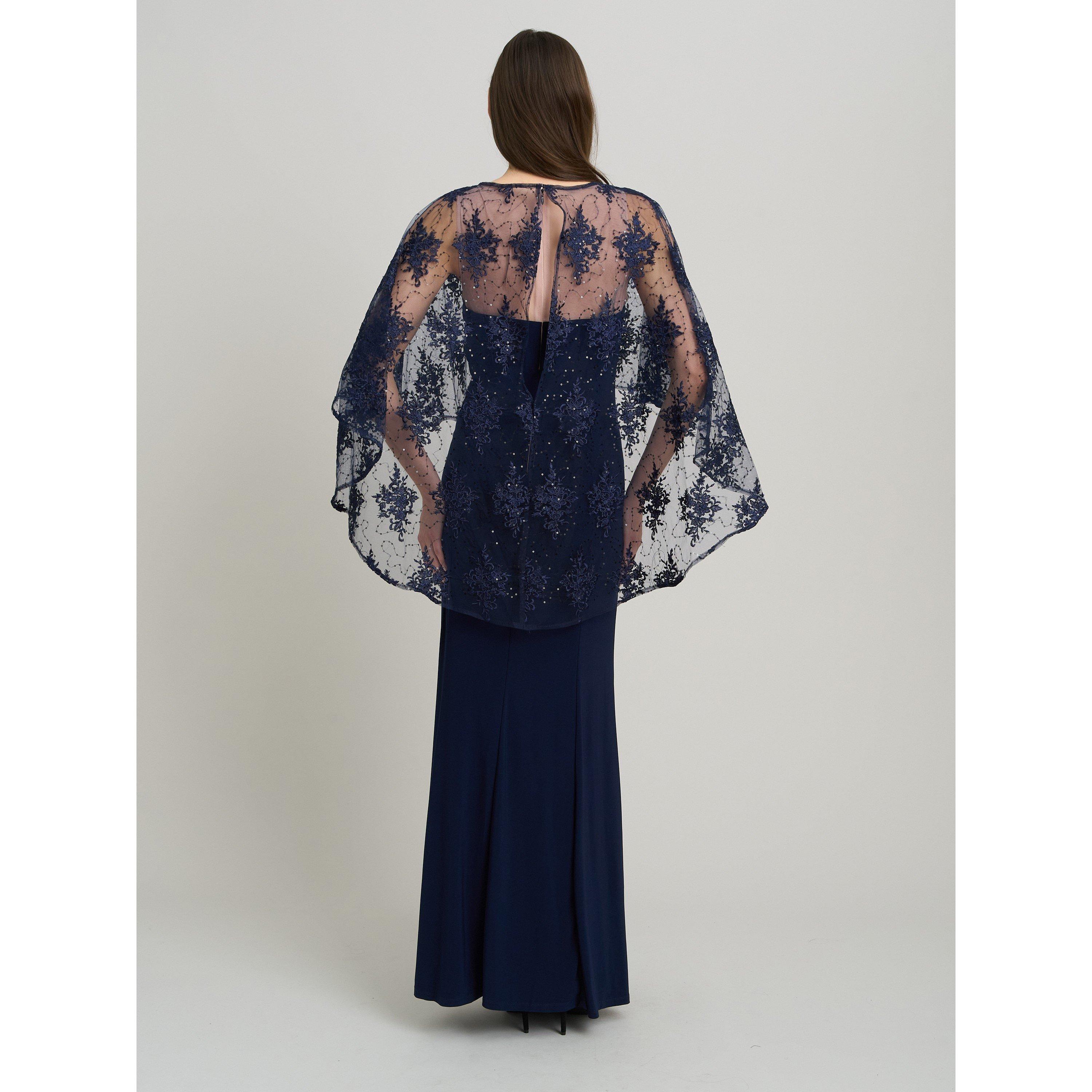 Navy / Nude - Gina Bacconi - Desire Jersey Maxi Dress With Lace Cape - 3