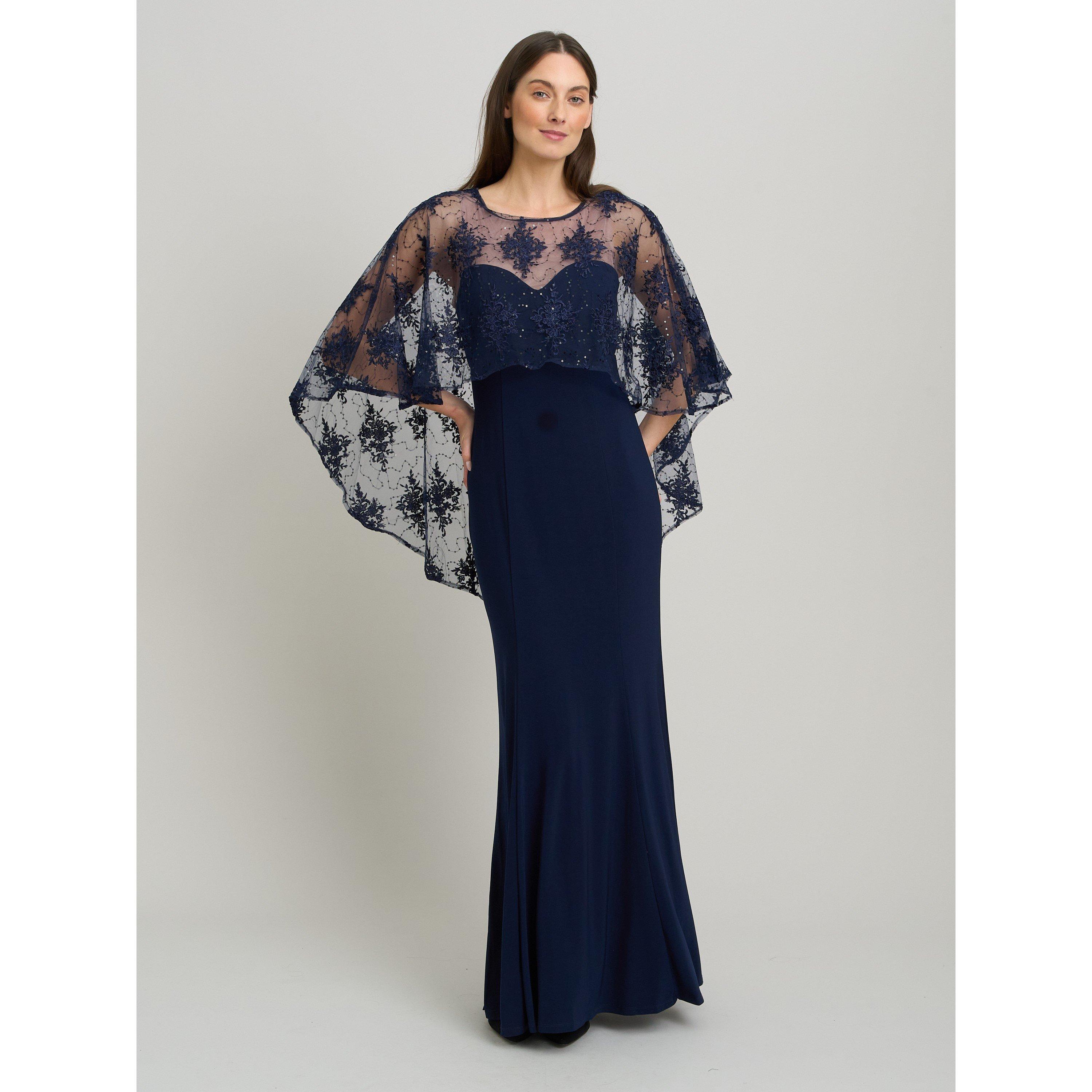 Navy / Nude - Gina Bacconi - Desire Jersey Maxi Dress With Lace Cape - 4