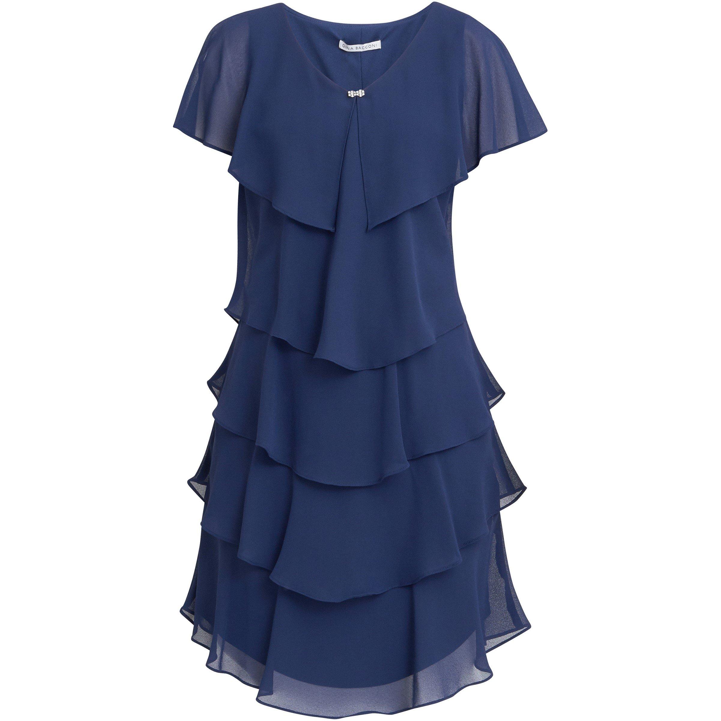Navy - Gina Bacconi - Bella Georgette Tiered Dress - 4