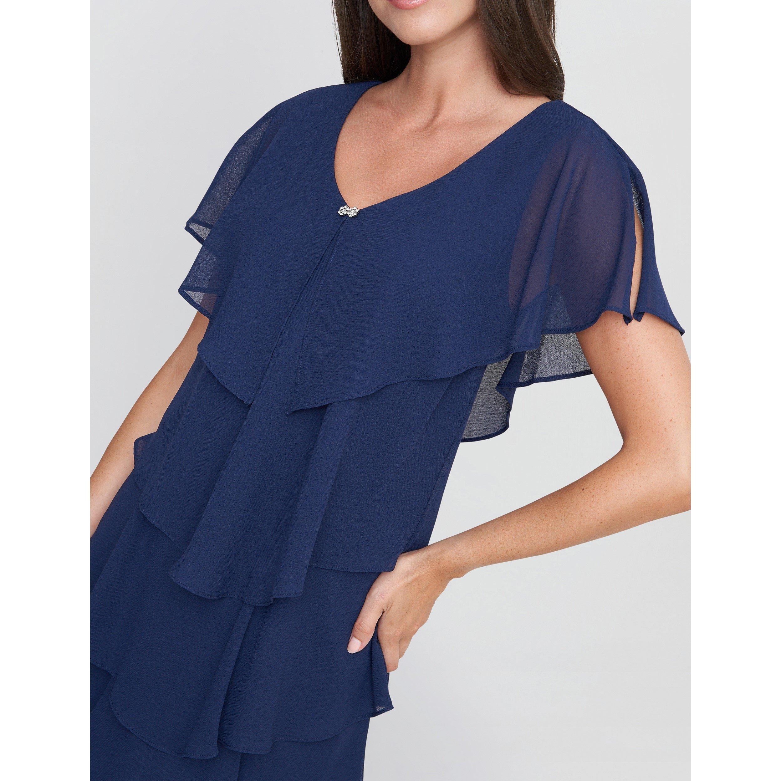Navy - Gina Bacconi - Bella Georgette Tiered Dress - 5