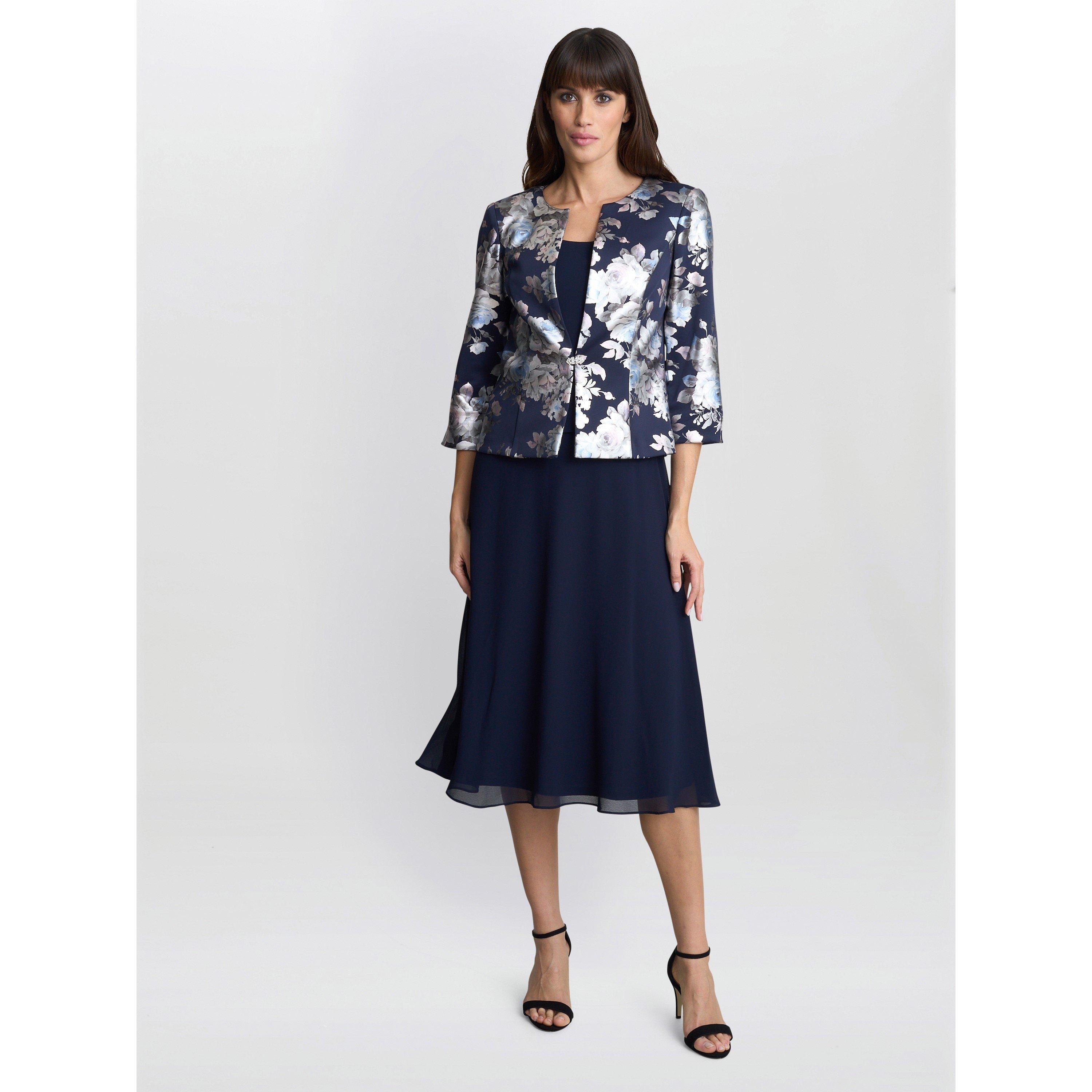 Navy - Gina Bacconi - Sandra Floral Jacquard Jacket Dress - 1