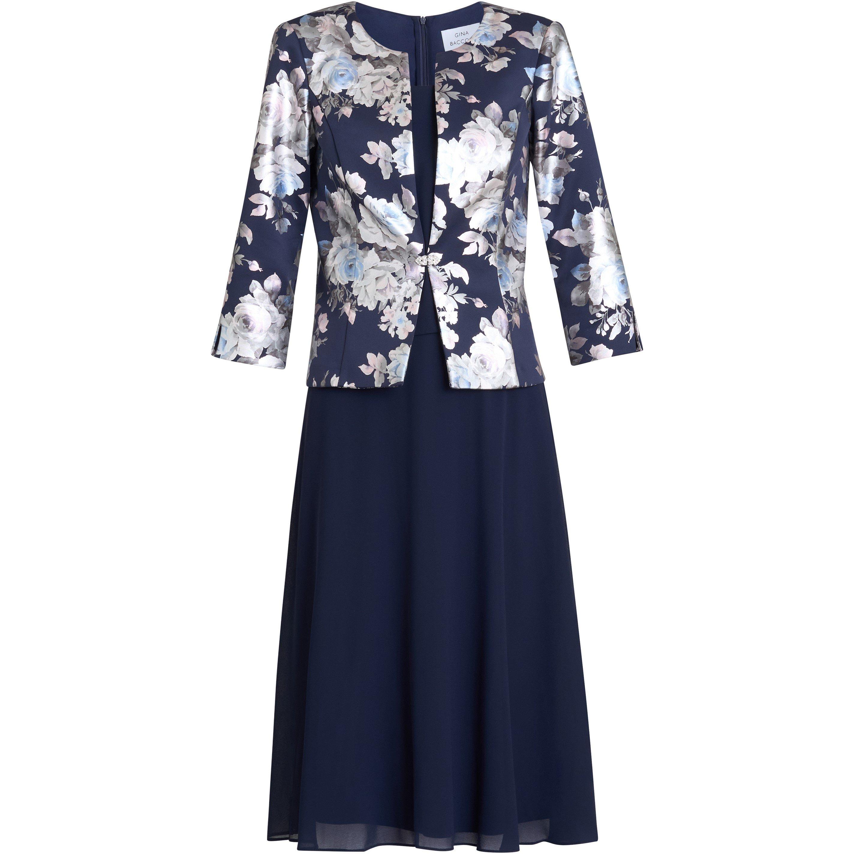 Navy - Gina Bacconi - Sandra Floral Jacquard Jacket Dress - 4