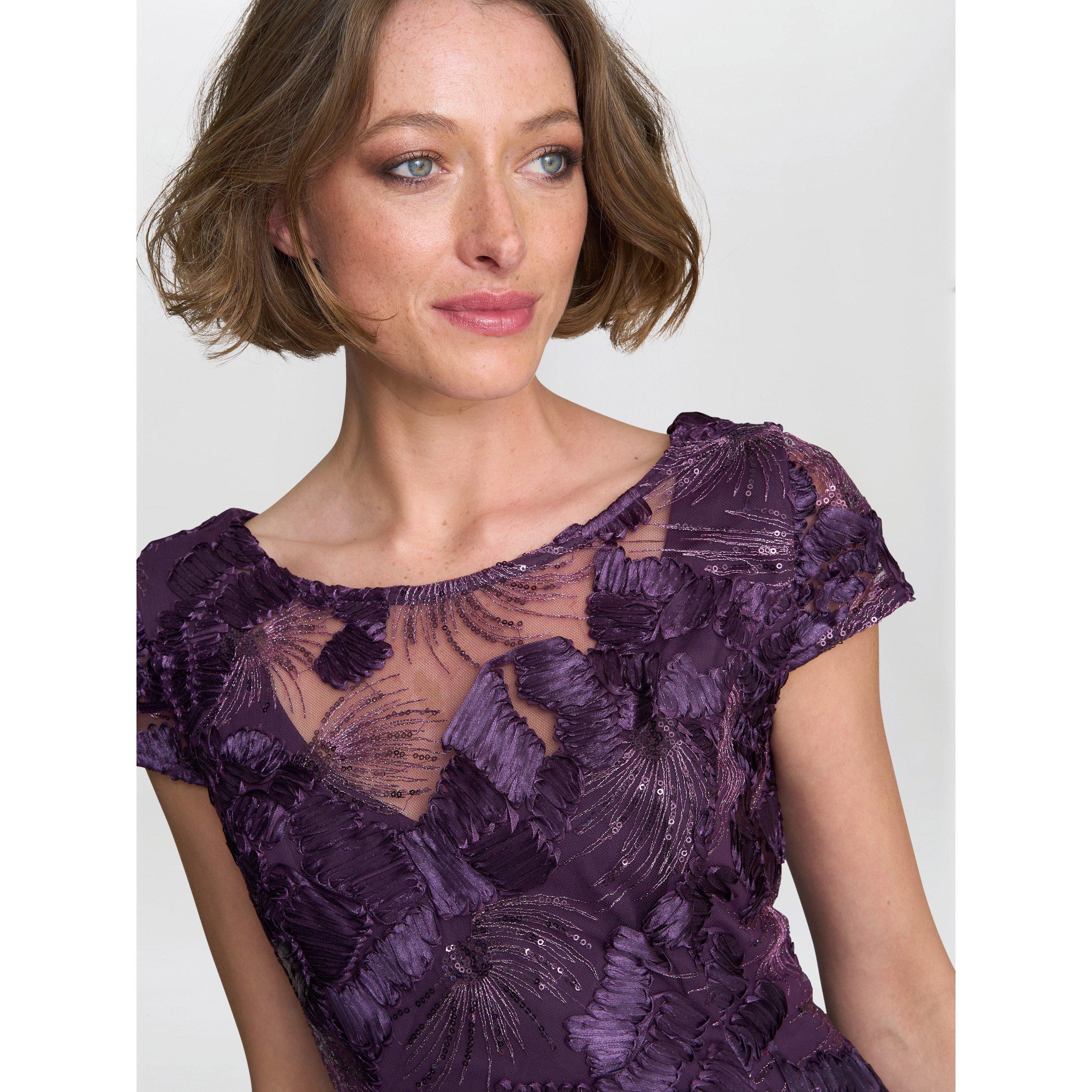 Eggplant - Gina Bacconi - Abella Illusion Jewel Floral Dress - 5