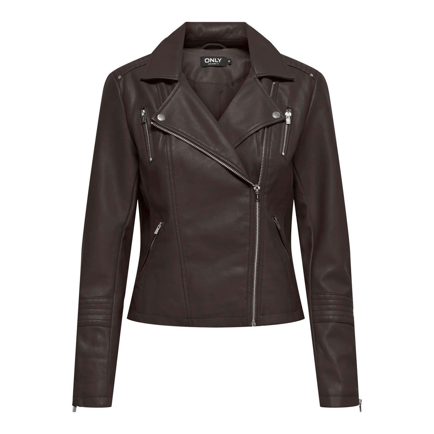 Chocolate - Only - Gemma Faux Leather Biker Jacket - 1
