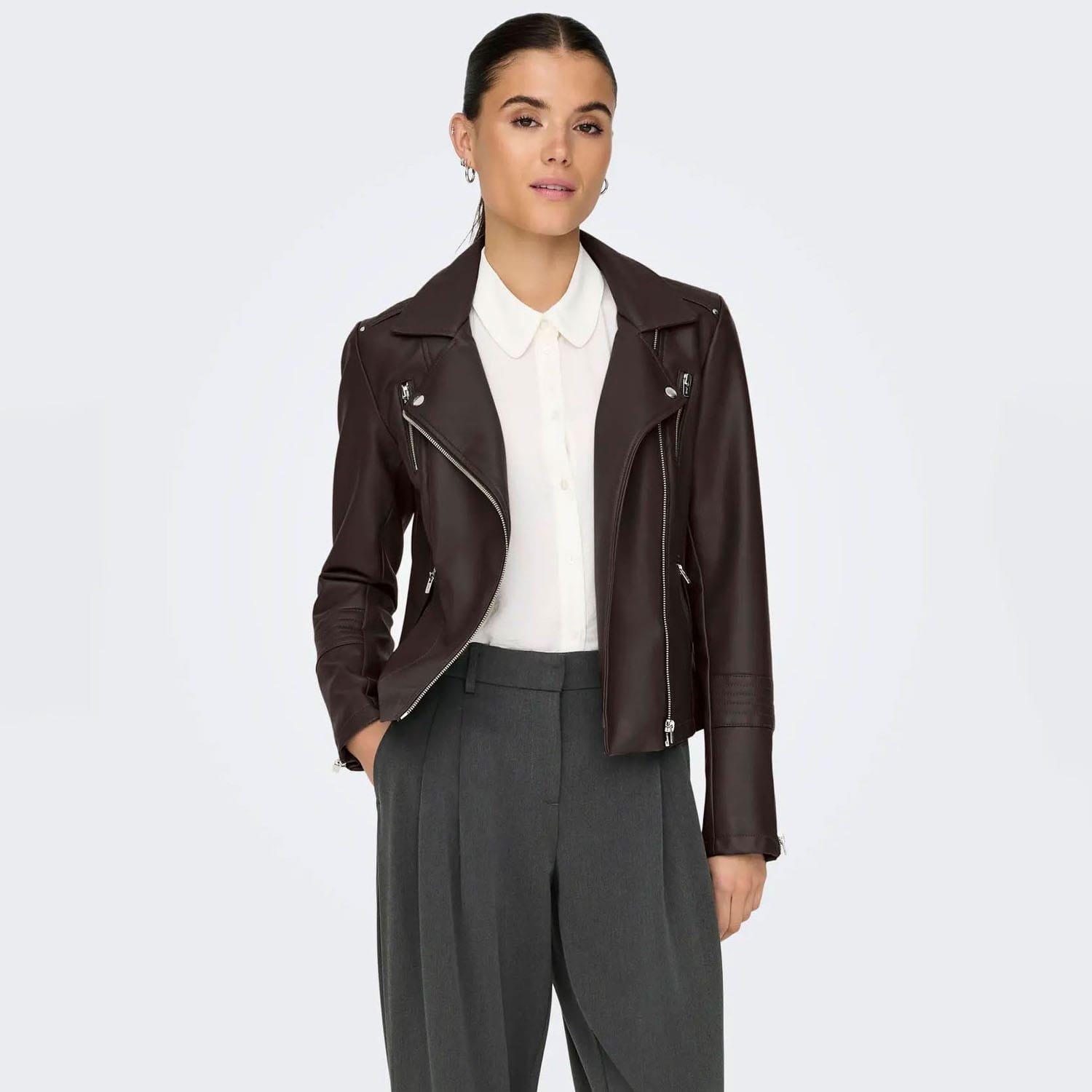 Chocolate - Only - Gemma Faux Leather Biker Jacket - 3