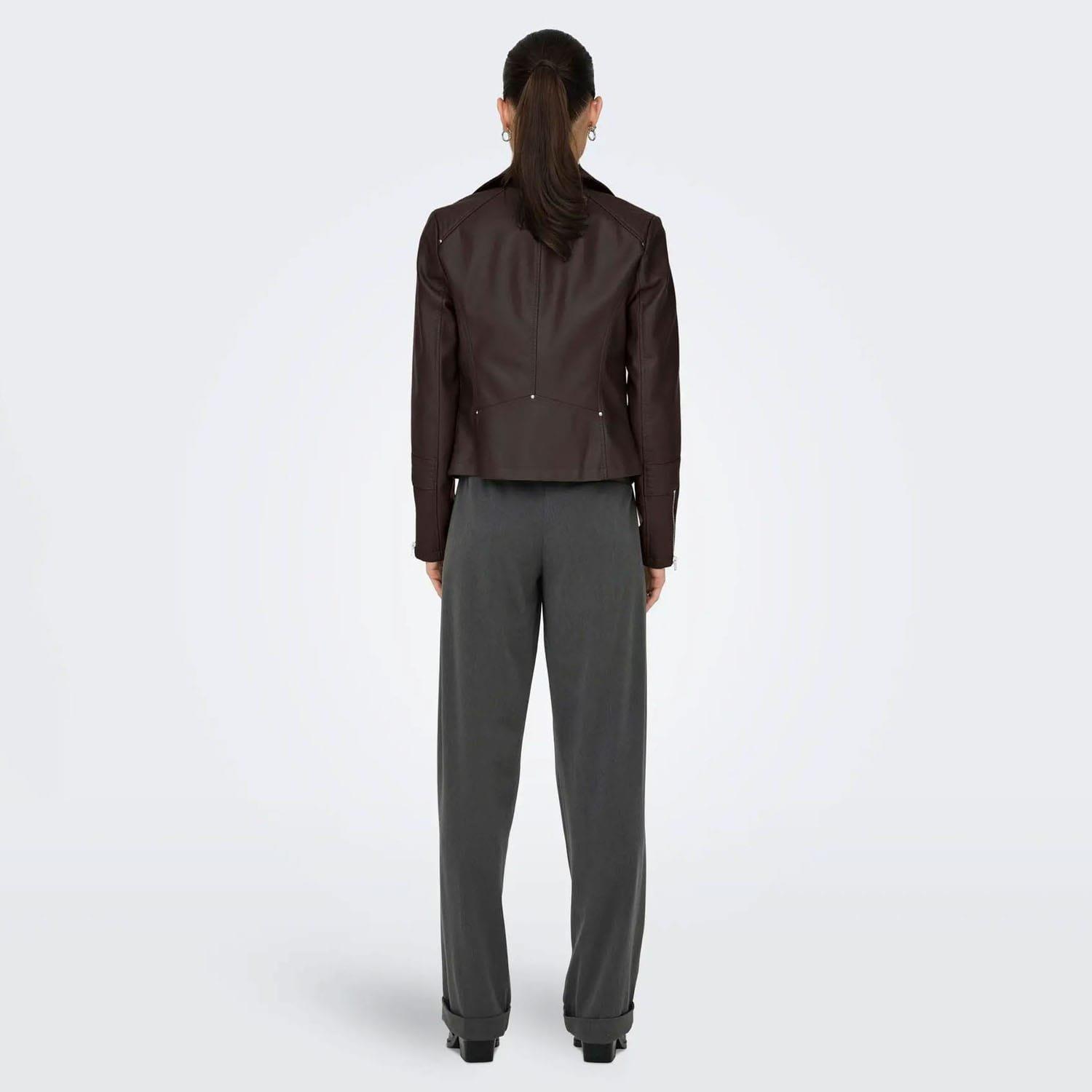 Chocolate - Only - Gemma Faux Leather Biker Jacket - 4