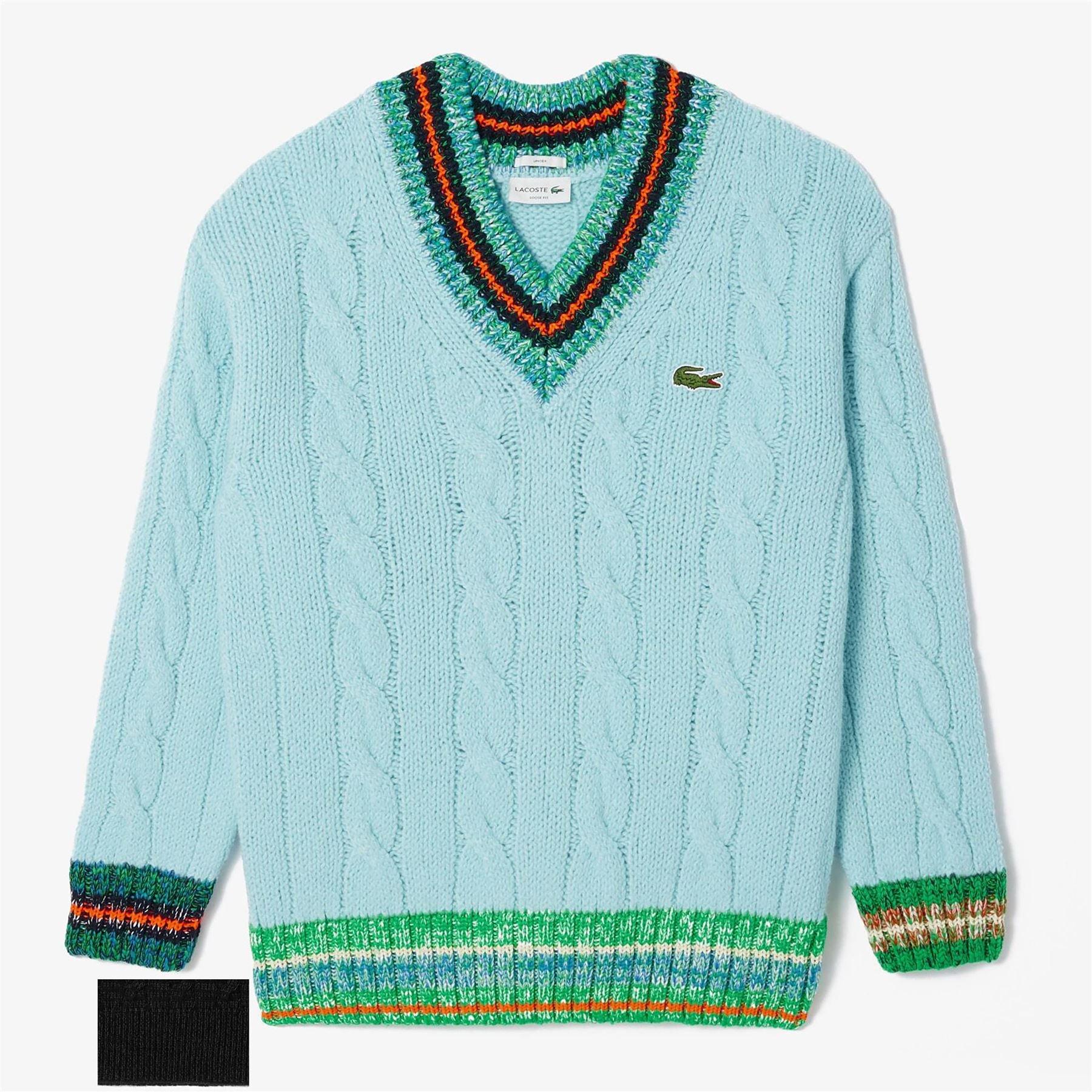 Turquoise - Lacoste - Cable Knit V-Neck Sweater - 1