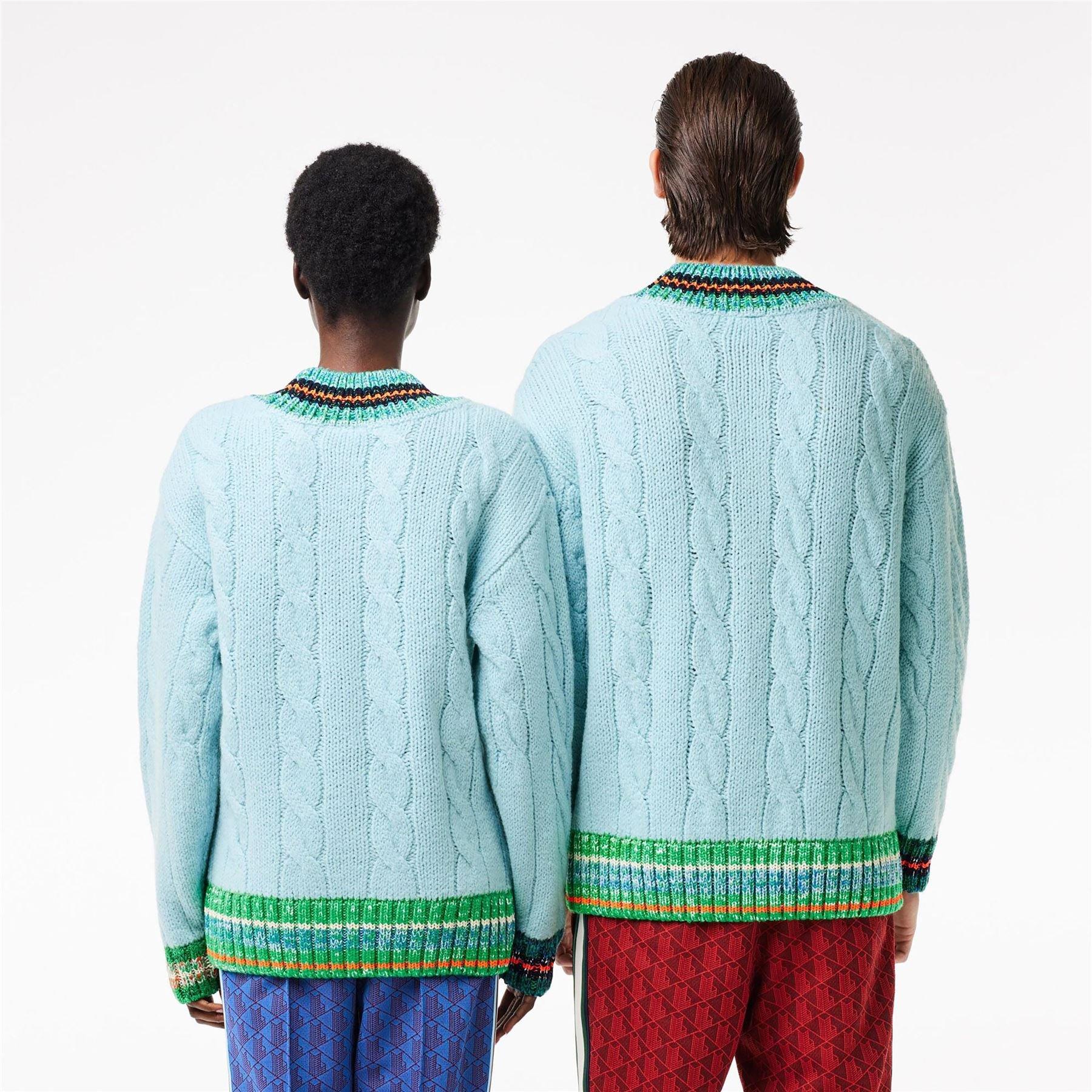 Turquoise - Lacoste - Cable Knit V-Neck Sweater - 2
