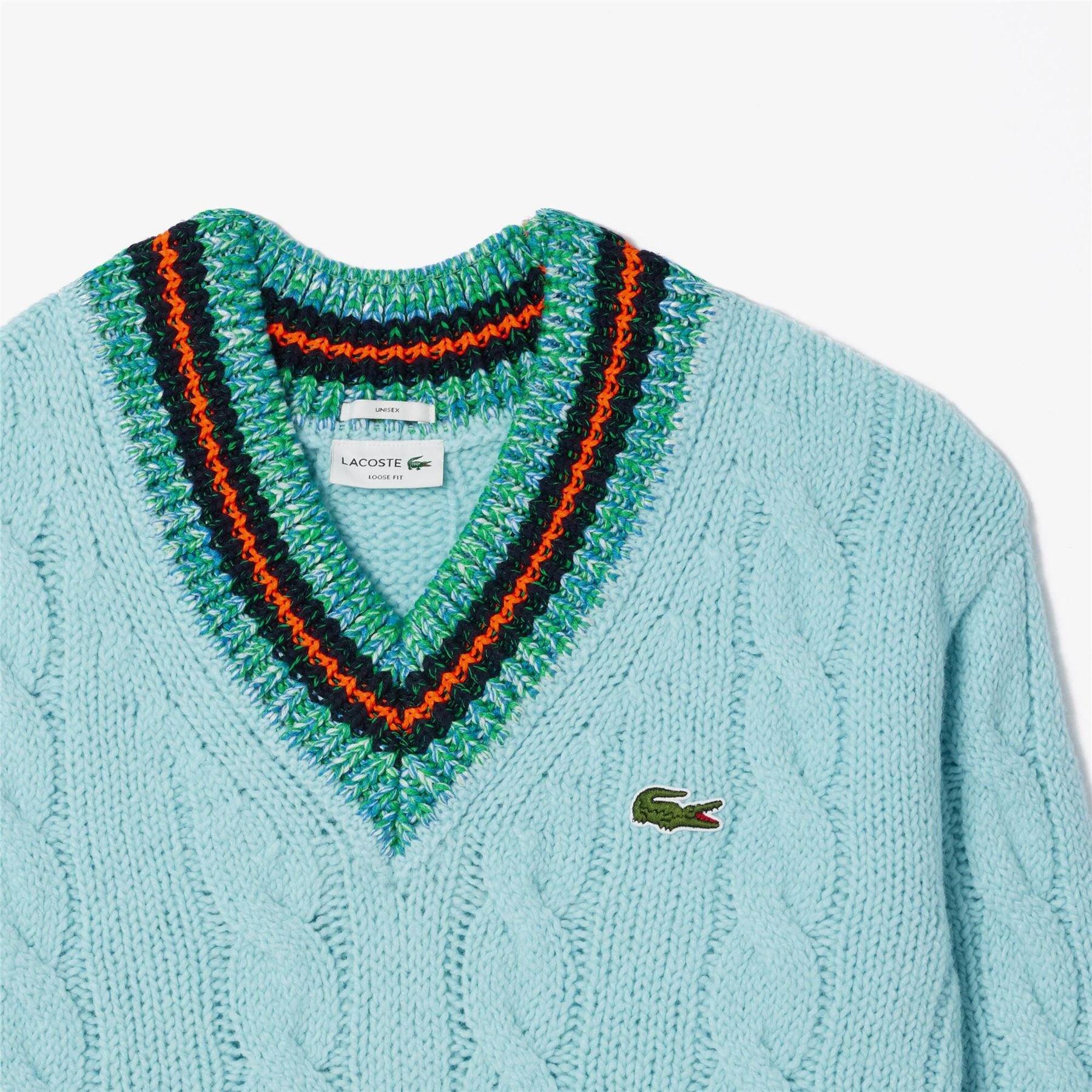 Turquoise - Lacoste - Cable Knit V-Neck Sweater - 3
