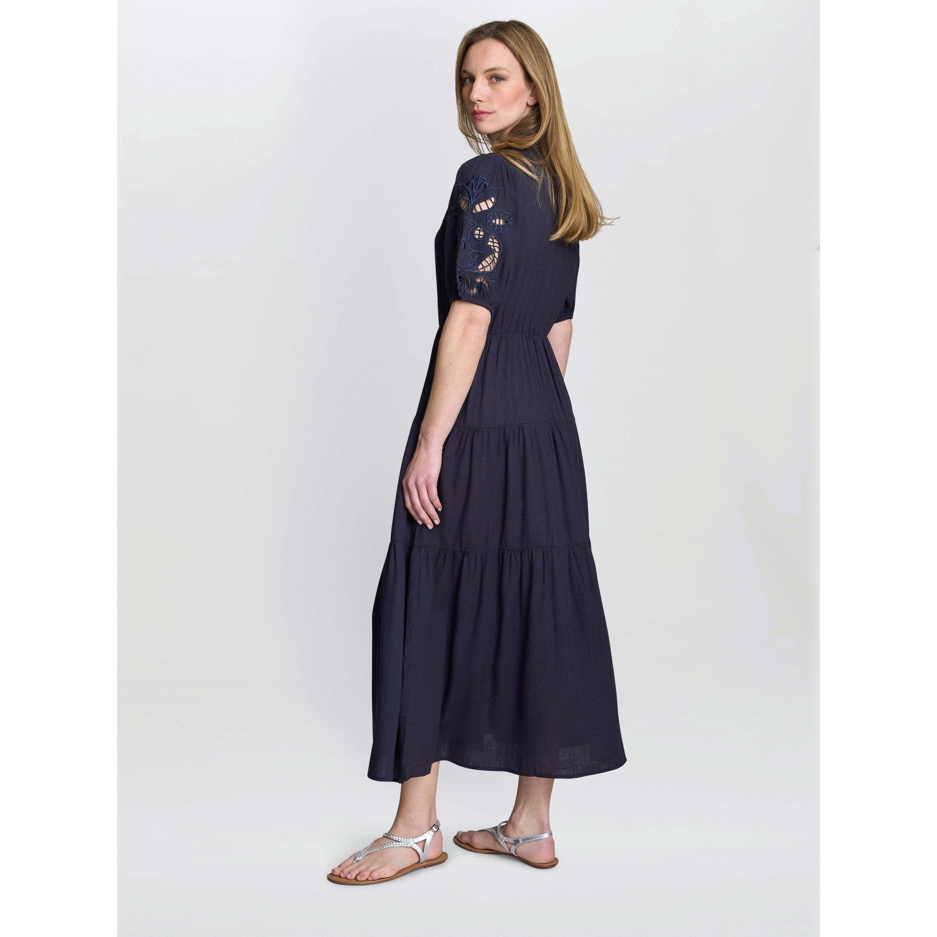 Navy - Gina Bacconi - Women's Carey Puff Sleeve A-Line Dress - 2