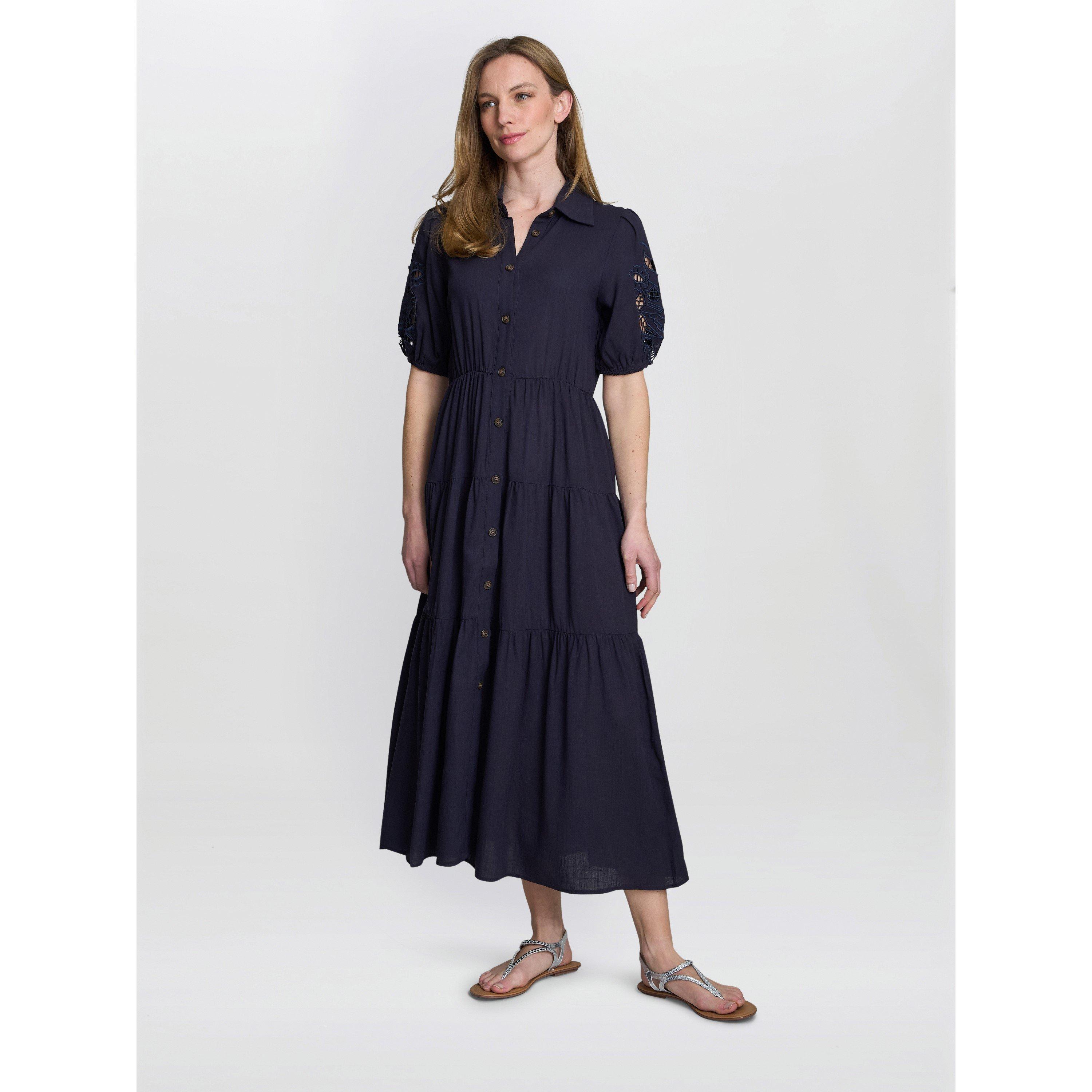 Navy - Gina Bacconi - Women's Carey Puff Sleeve A-Line Dress - 3