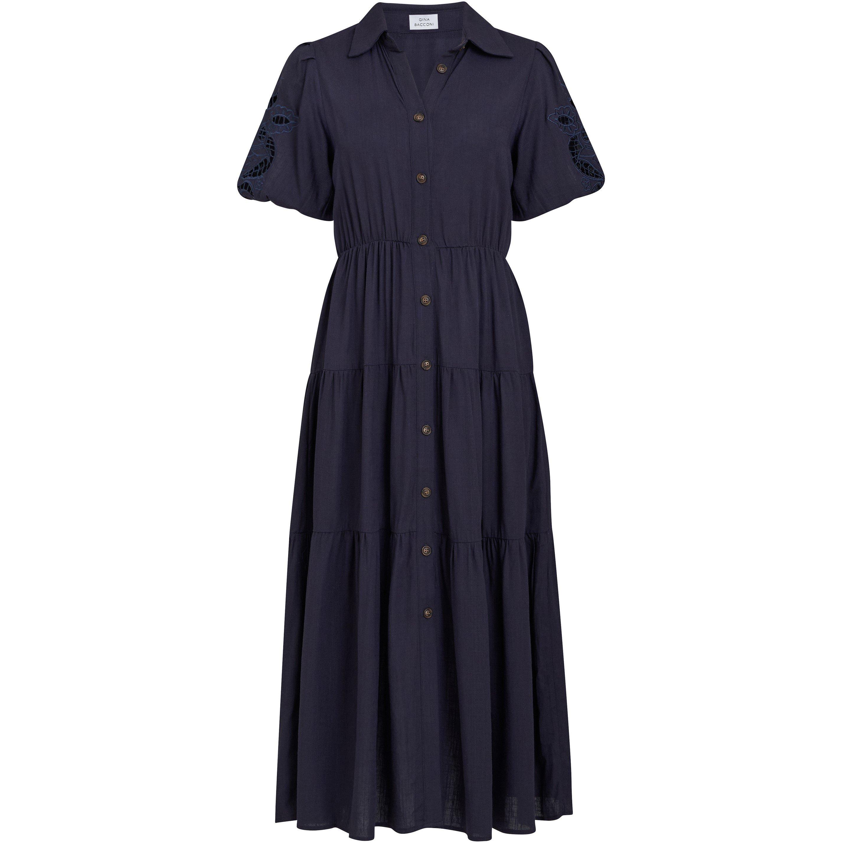 Navy - Gina Bacconi - Women's Carey Puff Sleeve A-Line Dress - 4