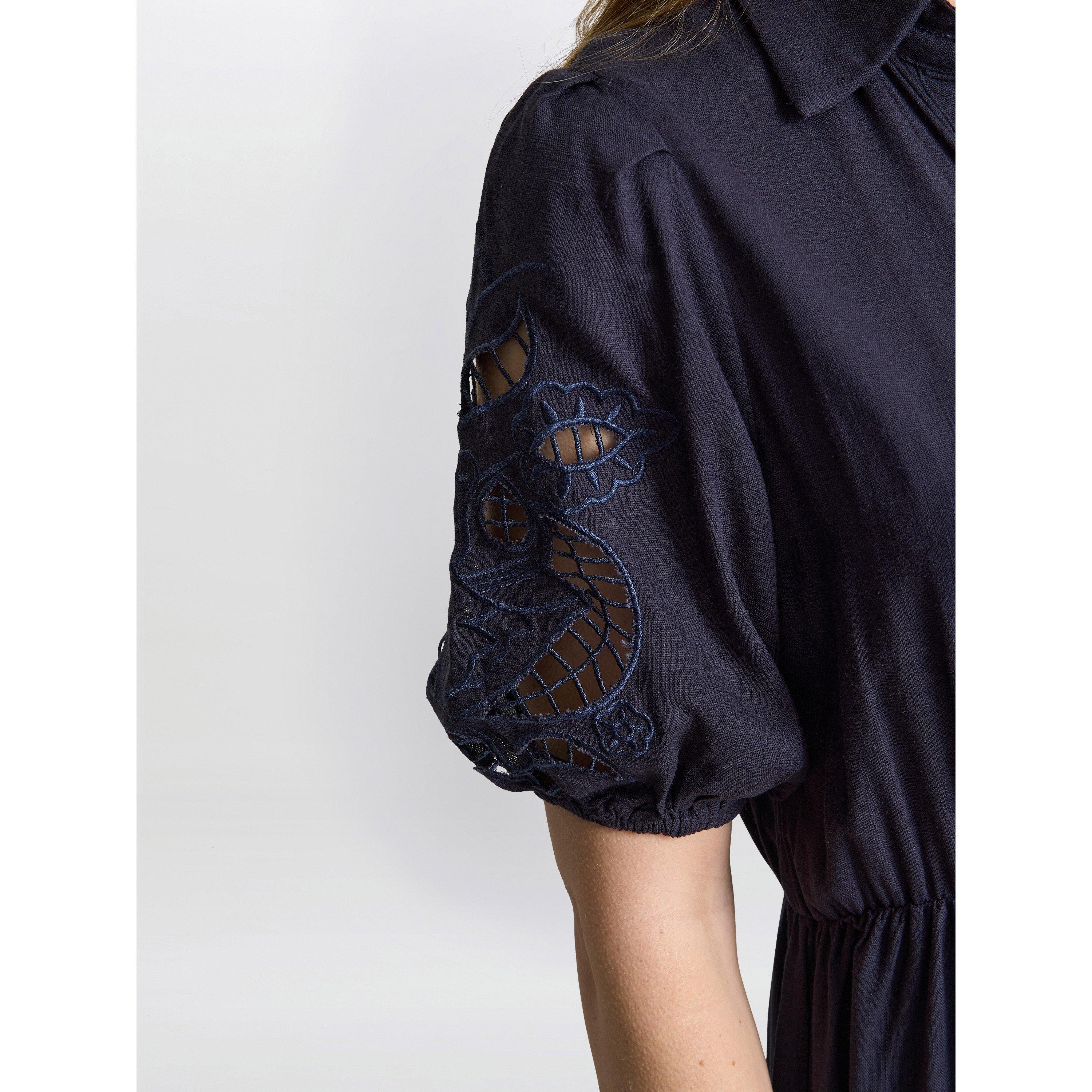 Navy - Gina Bacconi - Women's Carey Puff Sleeve A-Line Dress - 5