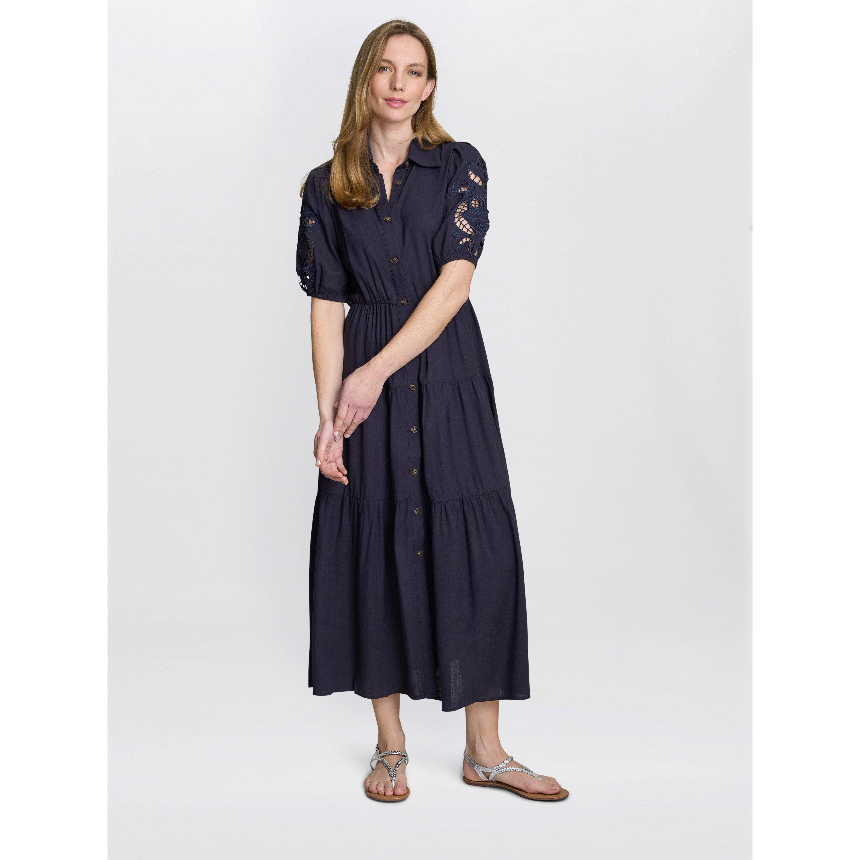 Navy - Gina Bacconi - Women's Carey Puff Sleeve A-Line Dress - 7