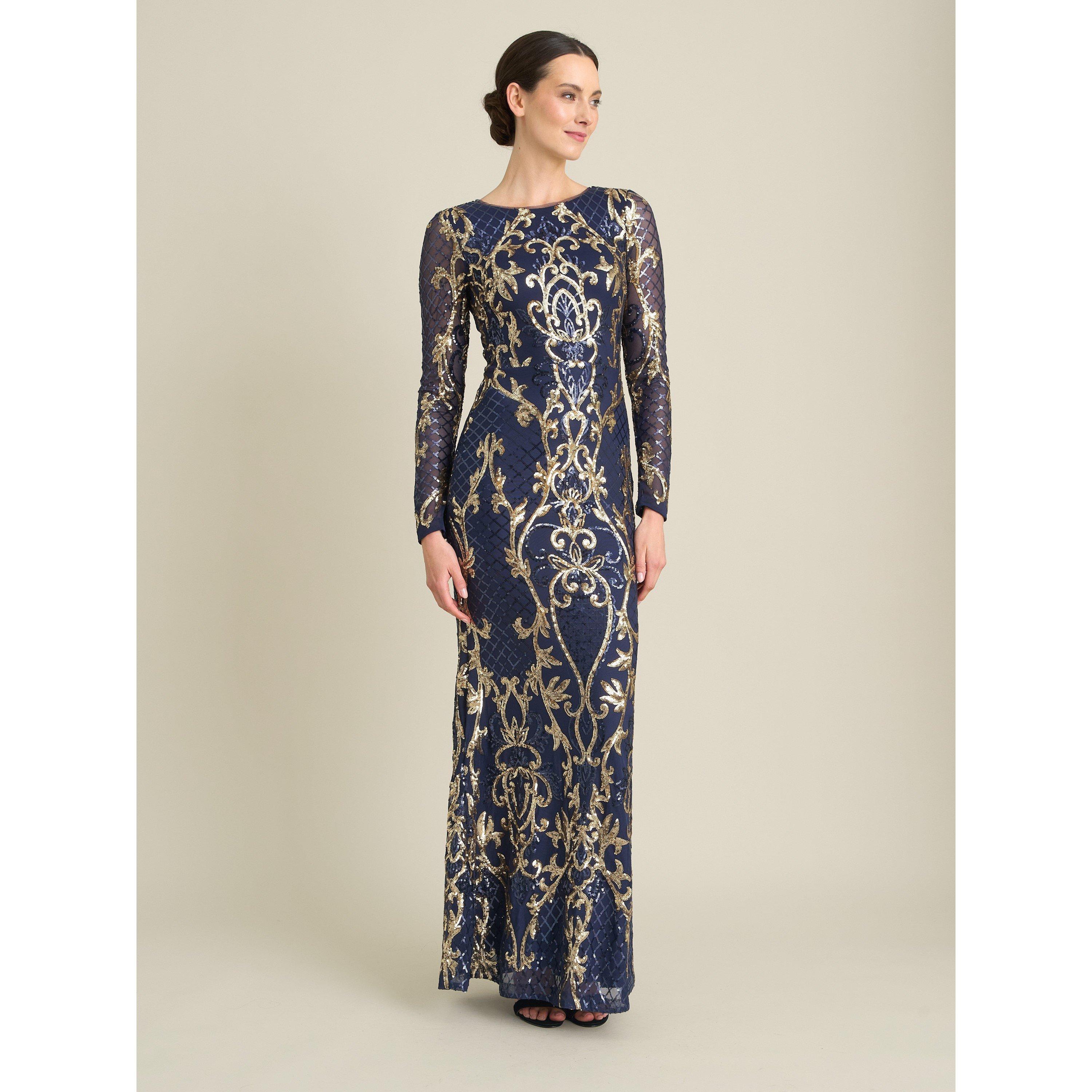 Navy / Gold - Gina Bacconi - Electra Long Sleeve Beaded Maxi Dress - 1