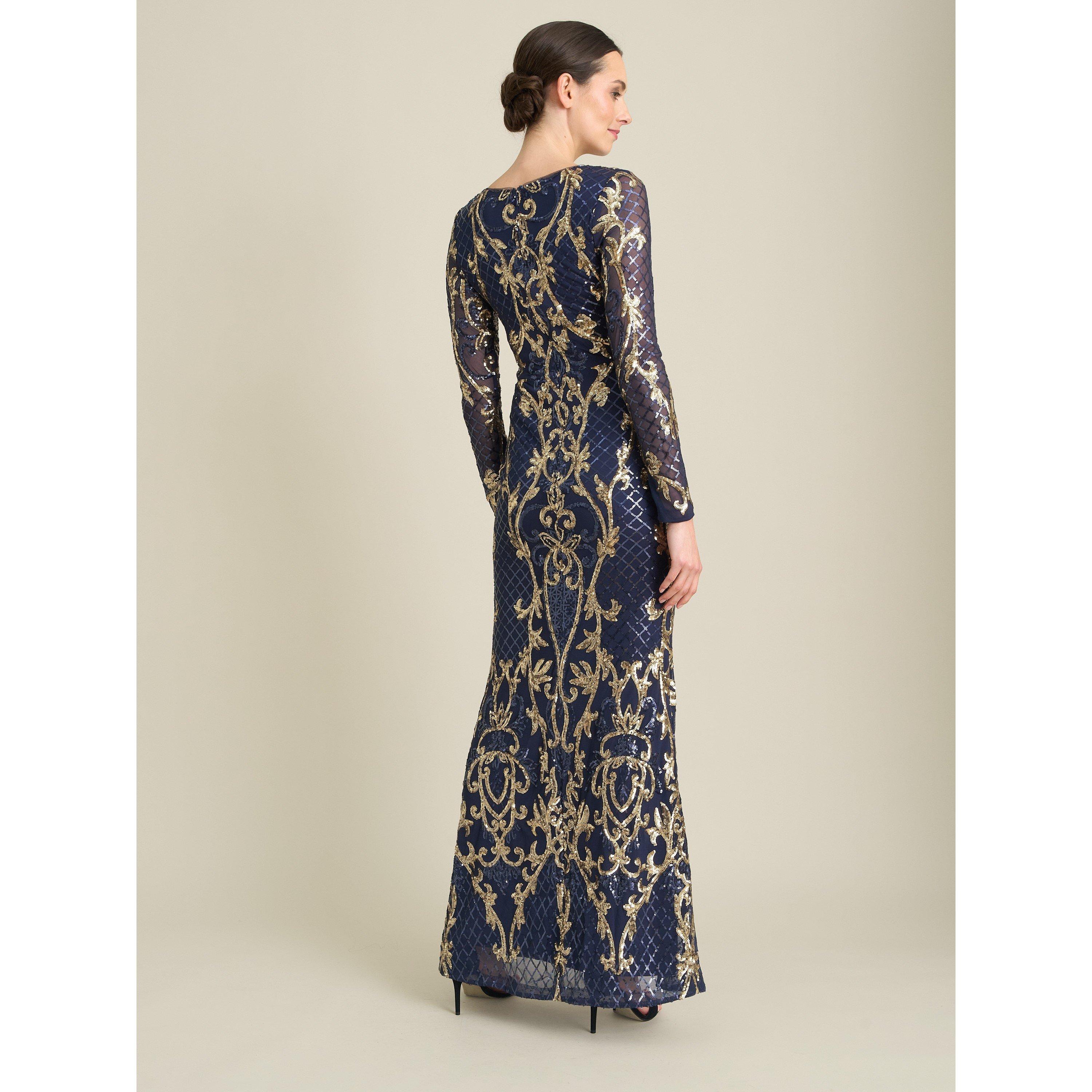 Navy / Gold - Gina Bacconi - Electra Long Sleeve Beaded Maxi Dress - 2