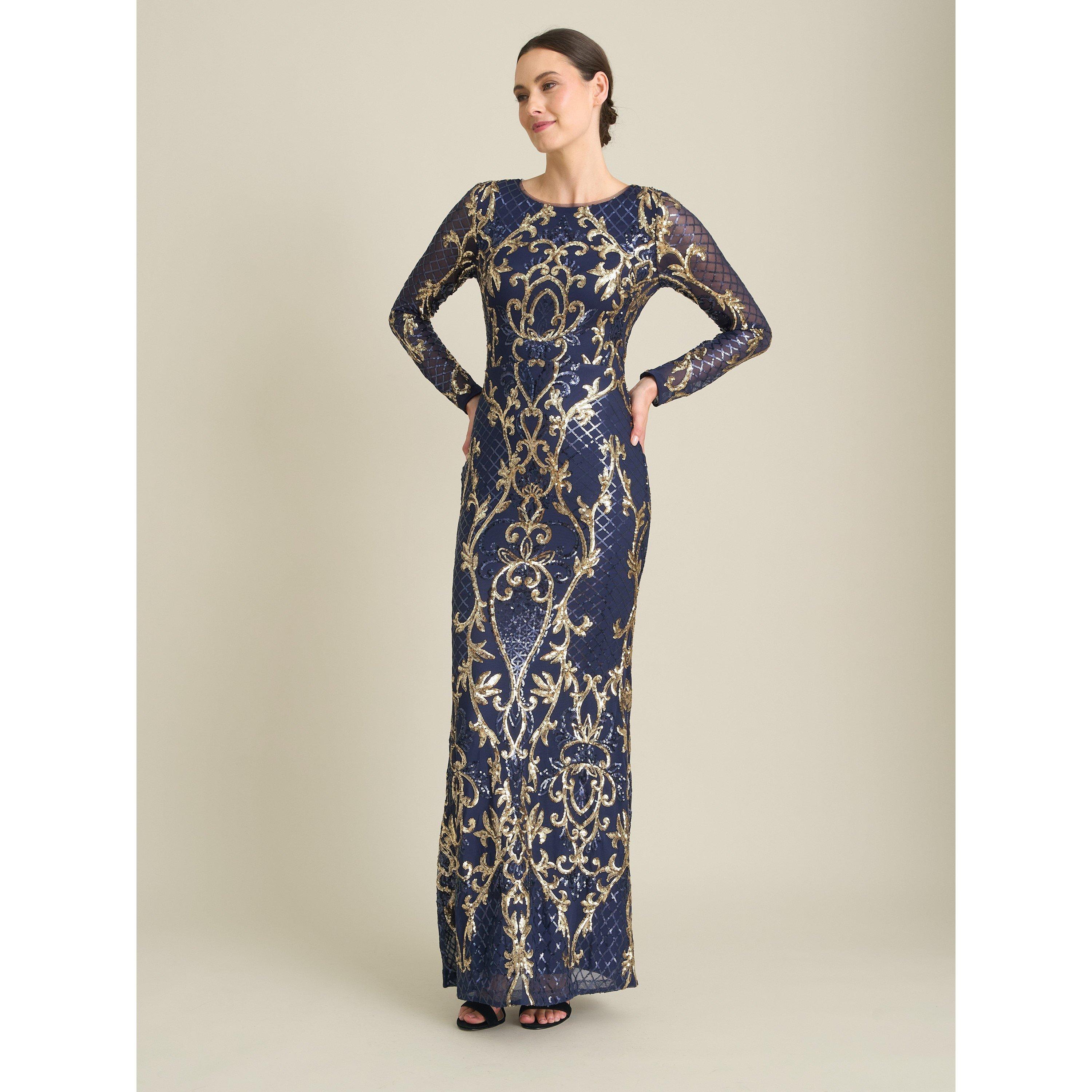 Navy / Gold - Gina Bacconi - Electra Long Sleeve Beaded Maxi Dress - 3