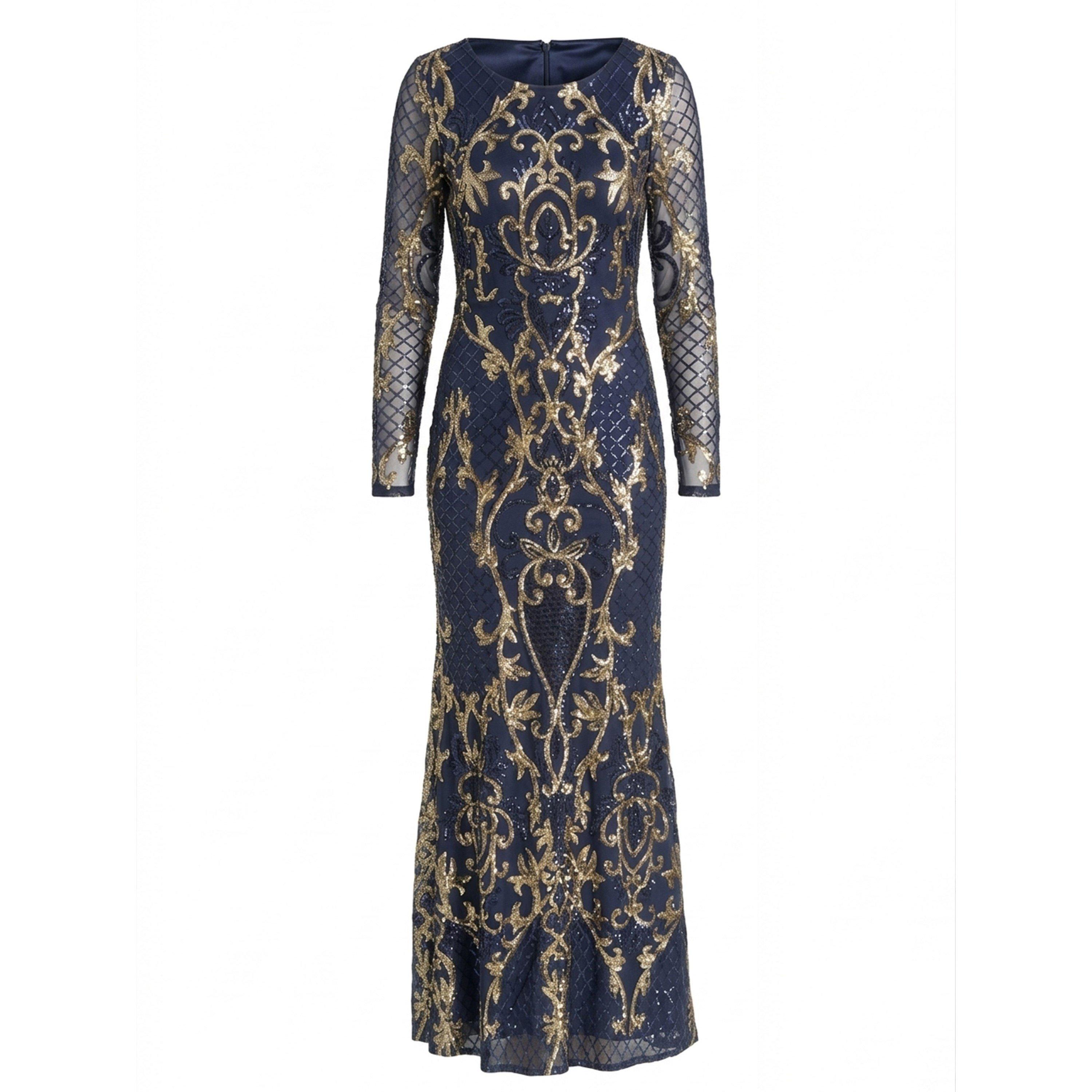 Navy / Gold - Gina Bacconi - Electra Long Sleeve Beaded Maxi Dress - 4