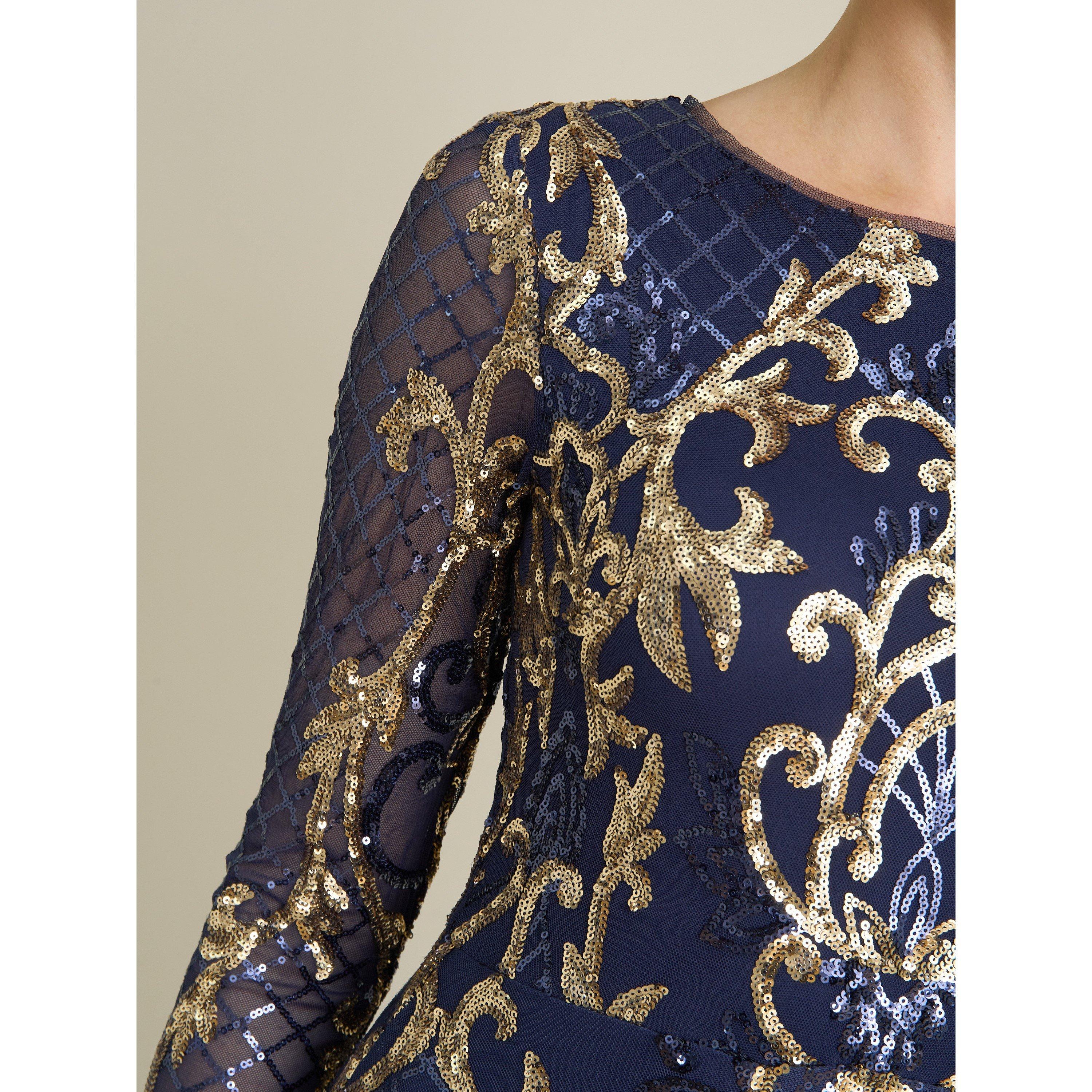 Navy / Gold - Gina Bacconi - Electra Long Sleeve Beaded Maxi Dress - 5