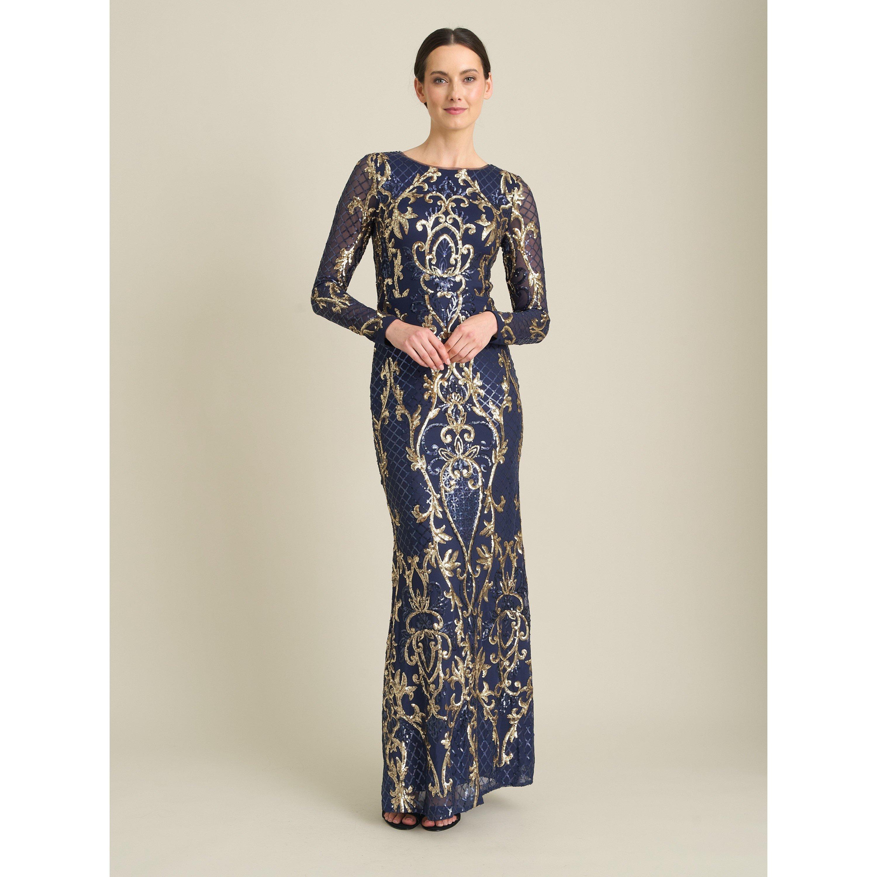 Navy / Gold - Gina Bacconi - Electra Long Sleeve Beaded Maxi Dress - 6