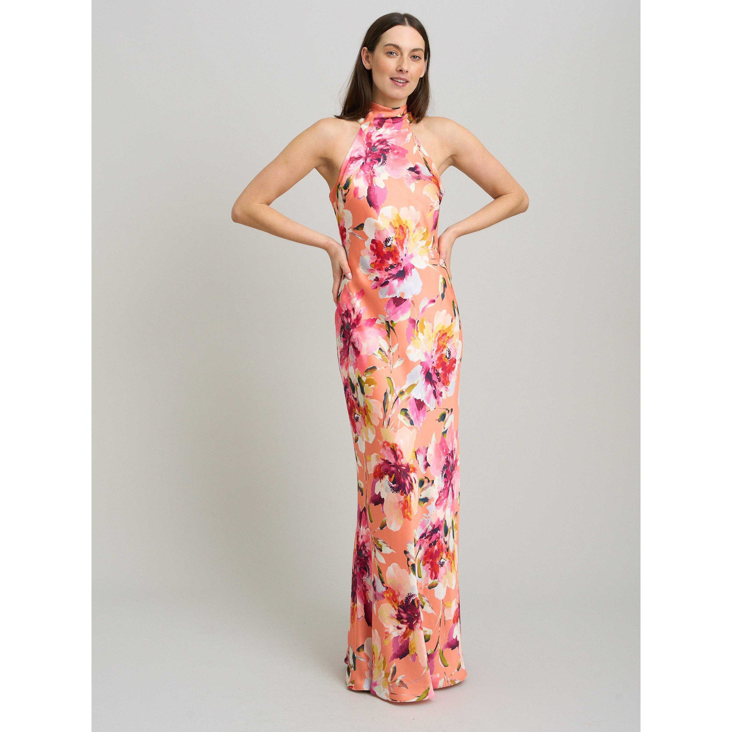 Orange - Gina Bacconi - Margo Satin Floral Print Tie Neck Dress - 2