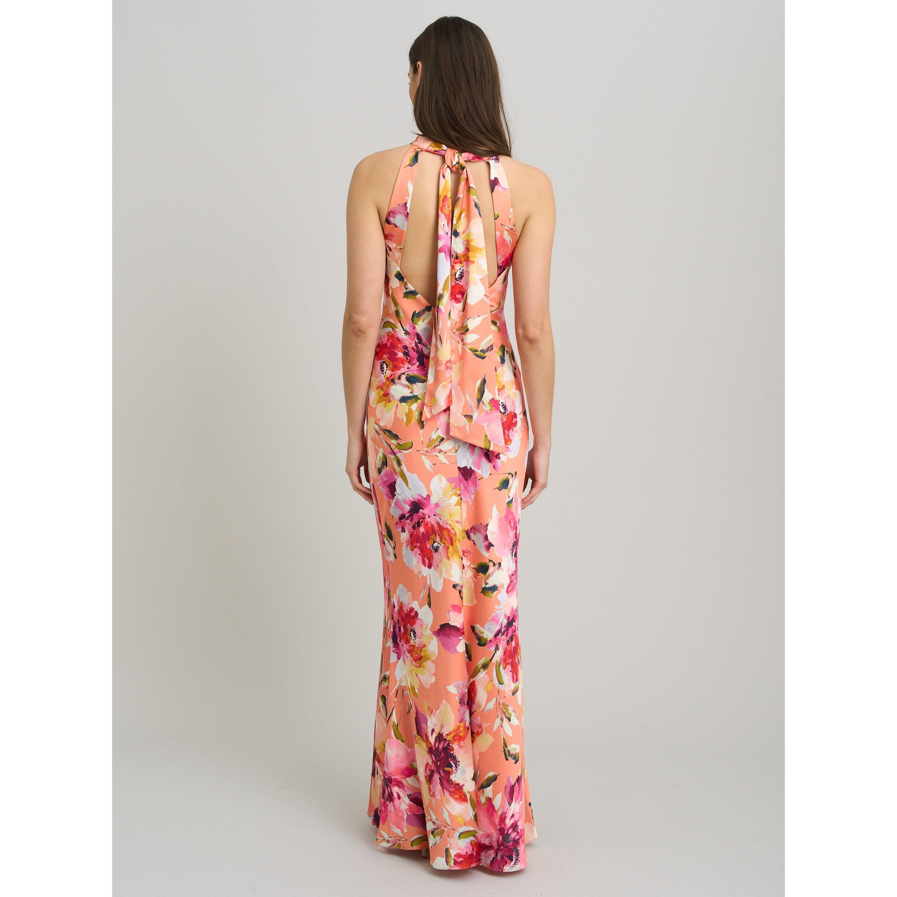 Orange - Gina Bacconi - Margo Satin Floral Print Tie Neck Dress - 3