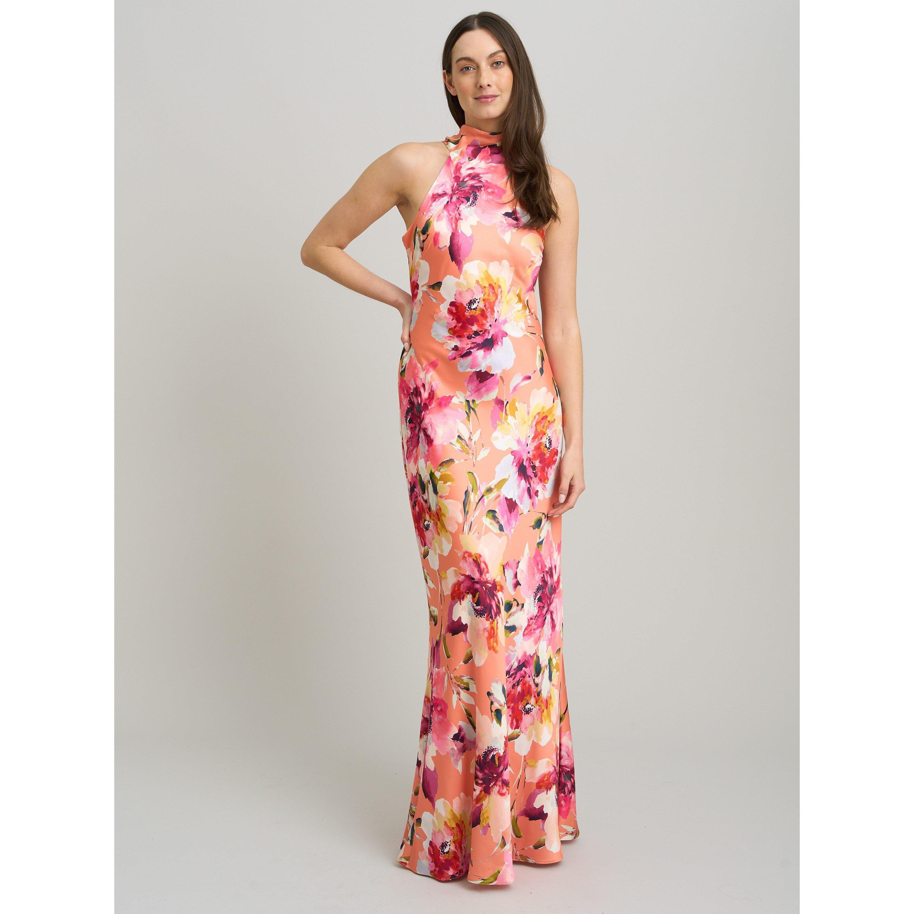 Orange - Gina Bacconi - Margo Satin Floral Print Tie Neck Dress - 4