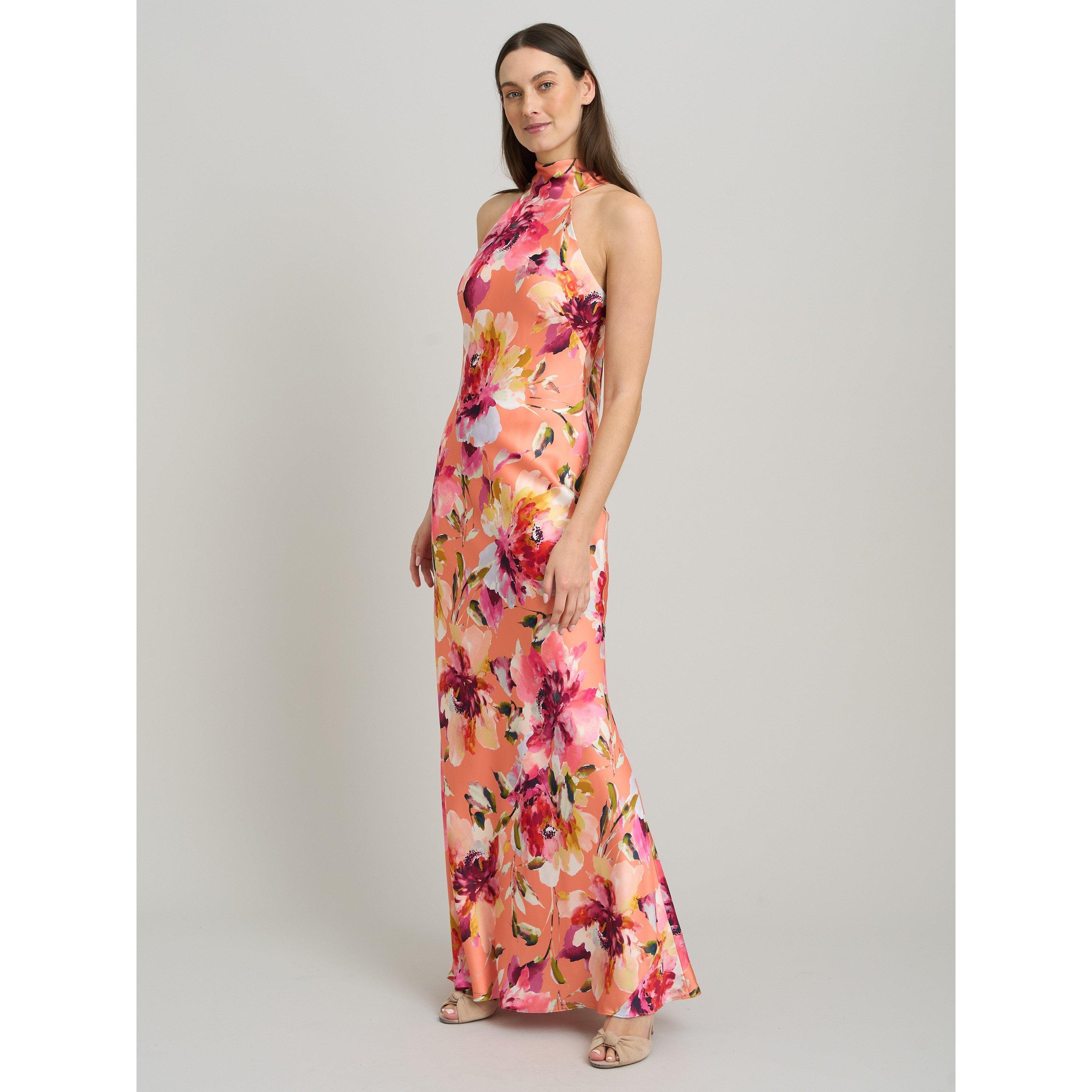 Orange - Gina Bacconi - Margo Satin Floral Print Tie Neck Dress - 6