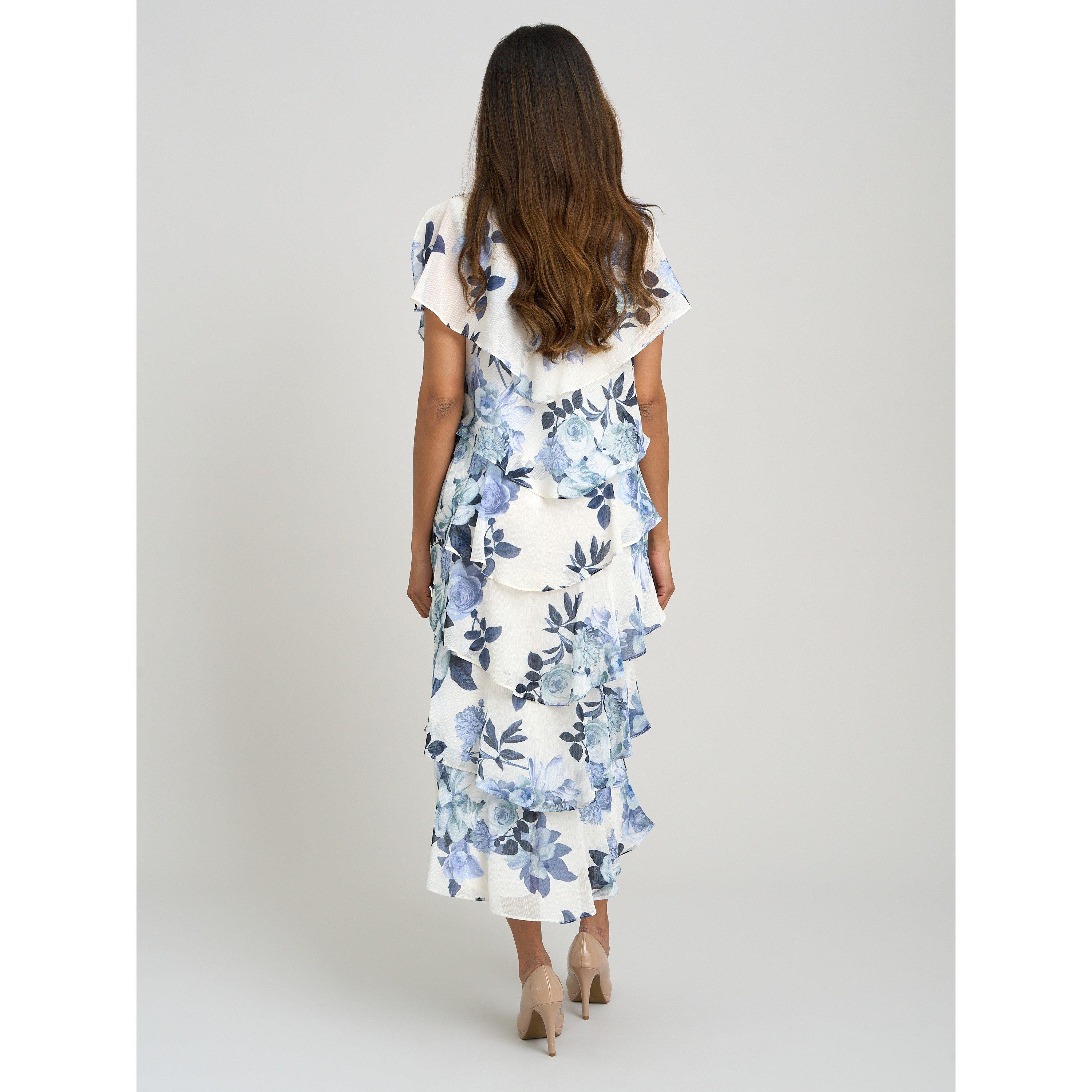 Blue - Gina Bacconi - Morgan Midi Printed Tiered Chiffon Dress - 3