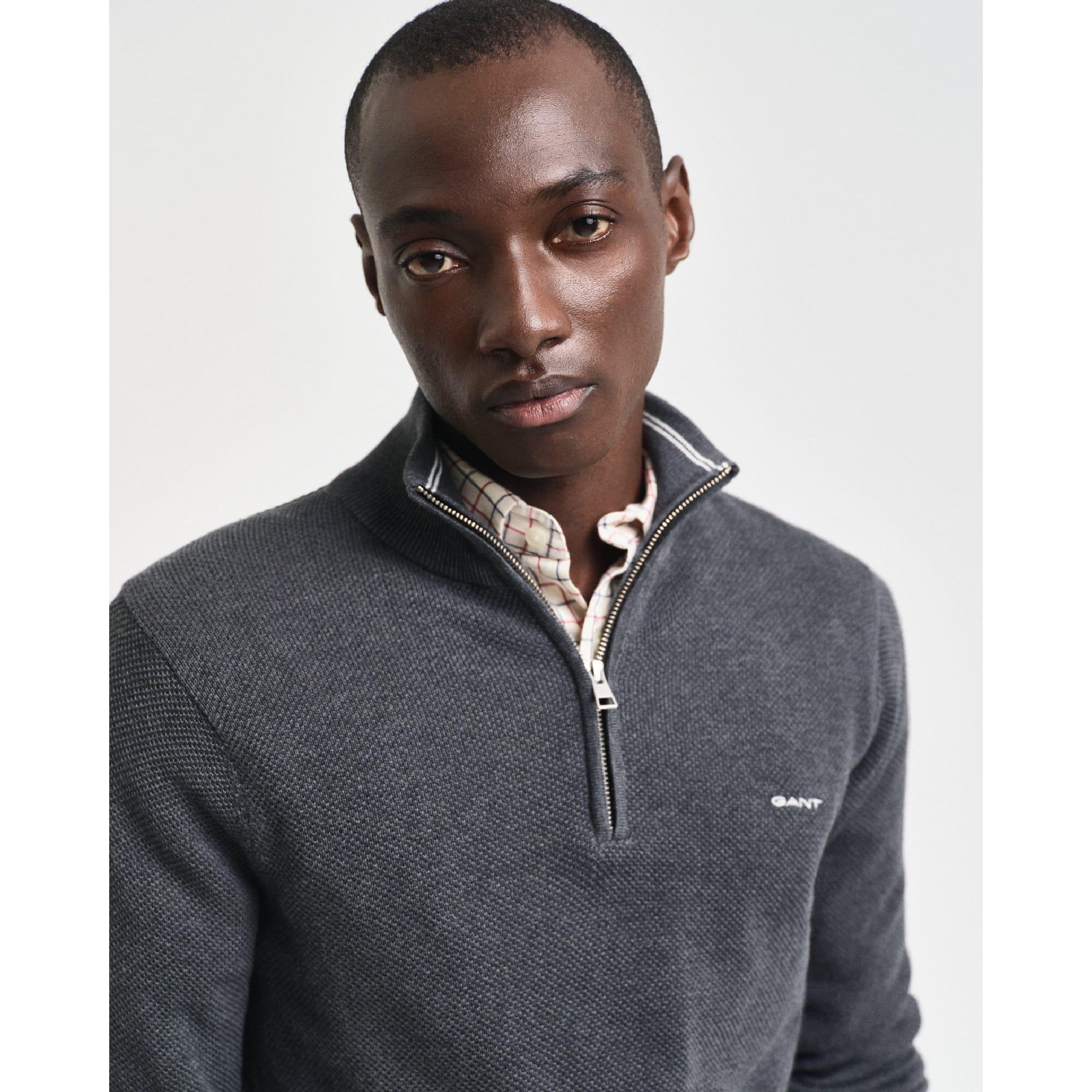 Grey - Gant - Cotton Piqu¿ Half-Zip Sweatshirt - 3