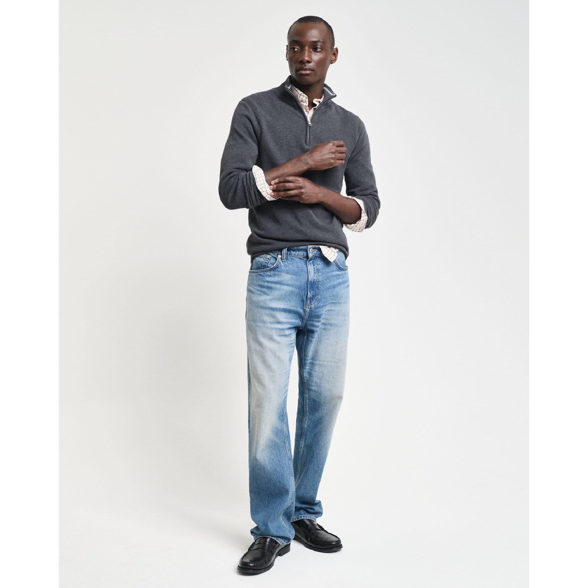 Grey - Gant - Cotton Piqu¿ Half-Zip Sweatshirt - 4