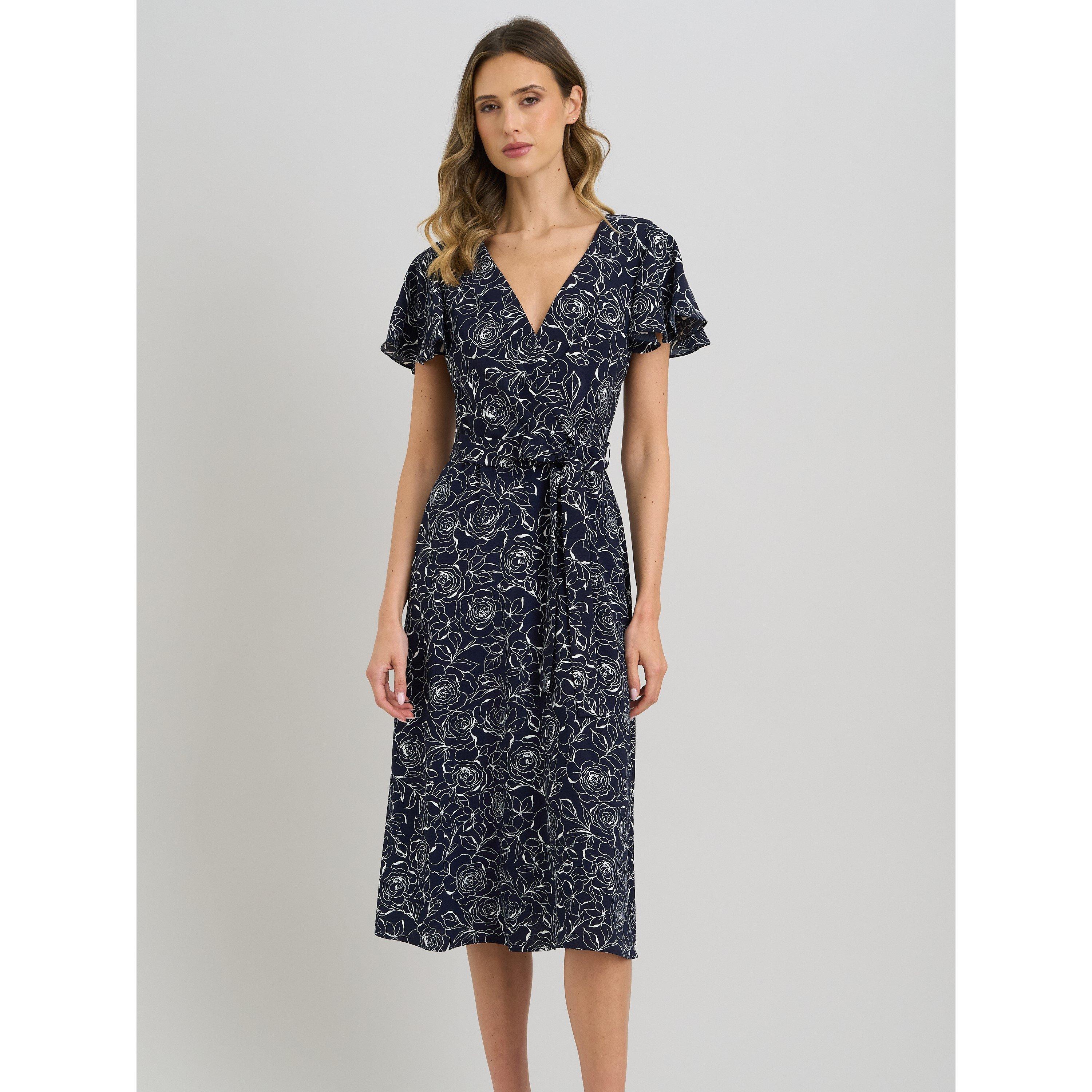 Navy / White - Gina Bacconi - Persia Faux Wrap Flutter Sleeve Dress - 1