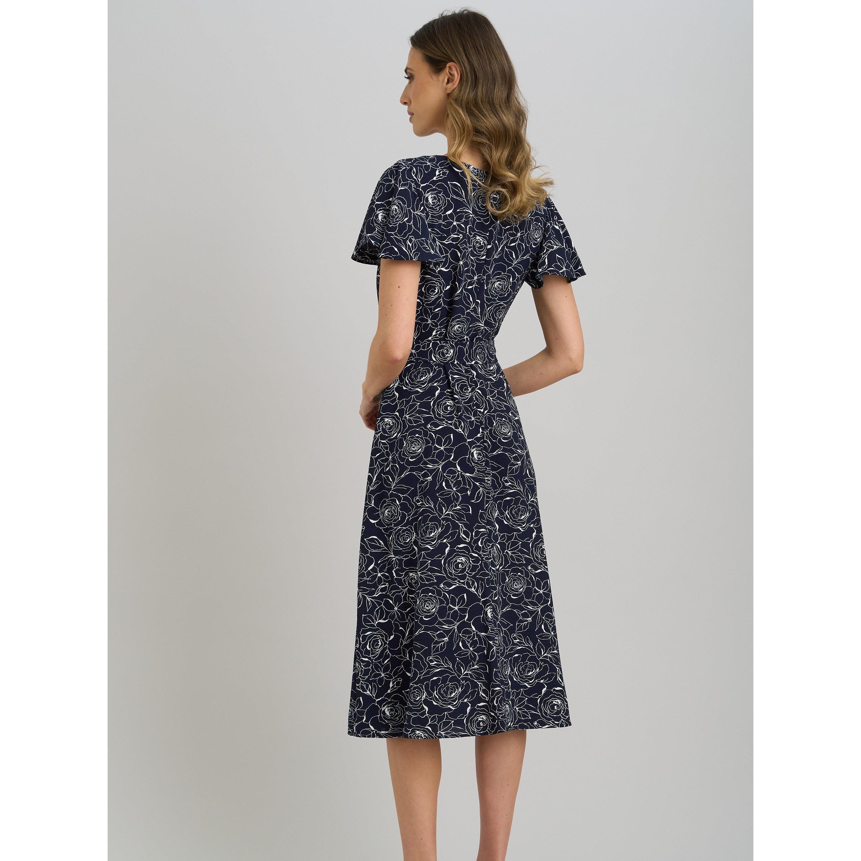 Navy / White - Gina Bacconi - Persia Faux Wrap Flutter Sleeve Dress - 2