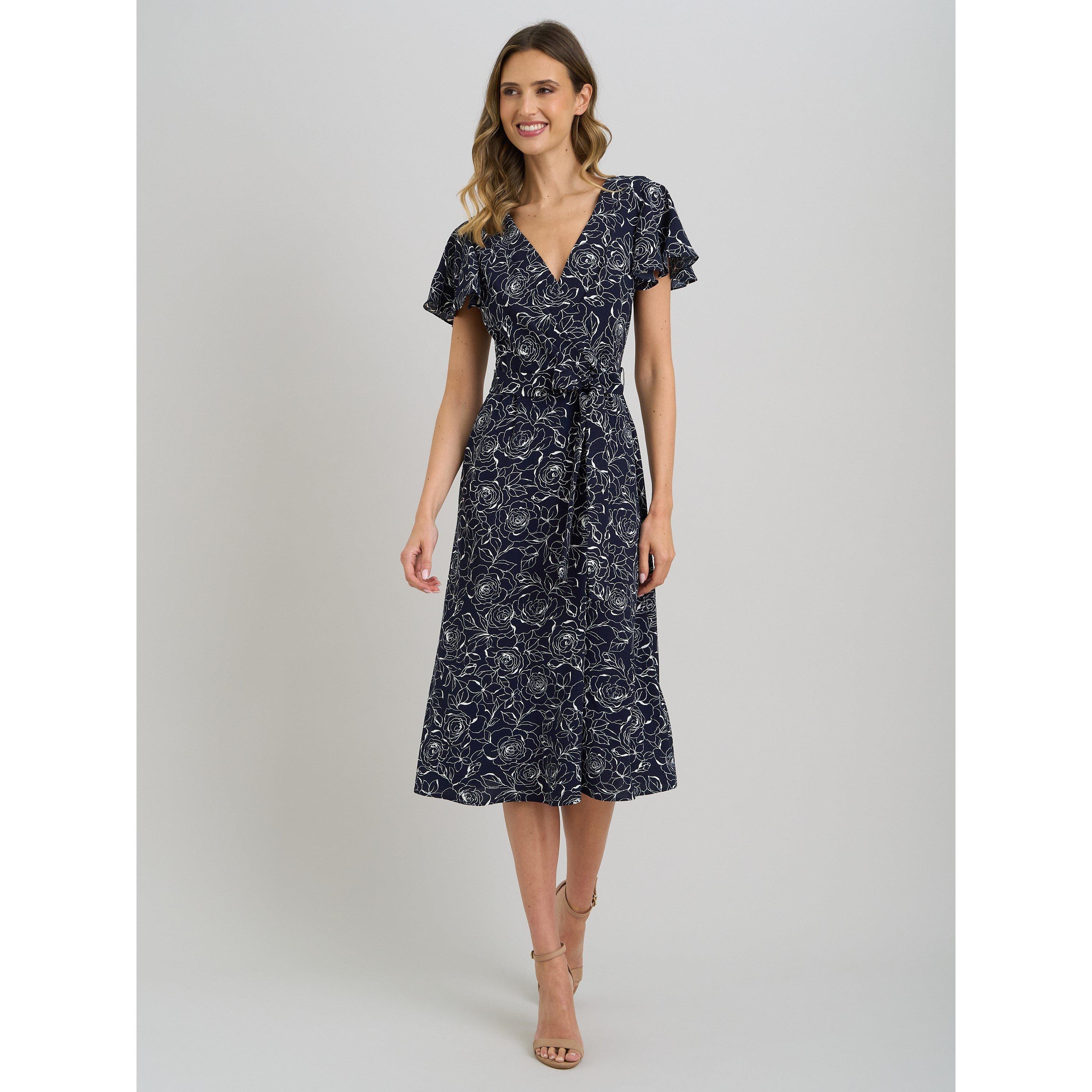 Navy / White - Gina Bacconi - Persia Faux Wrap Flutter Sleeve Dress - 3