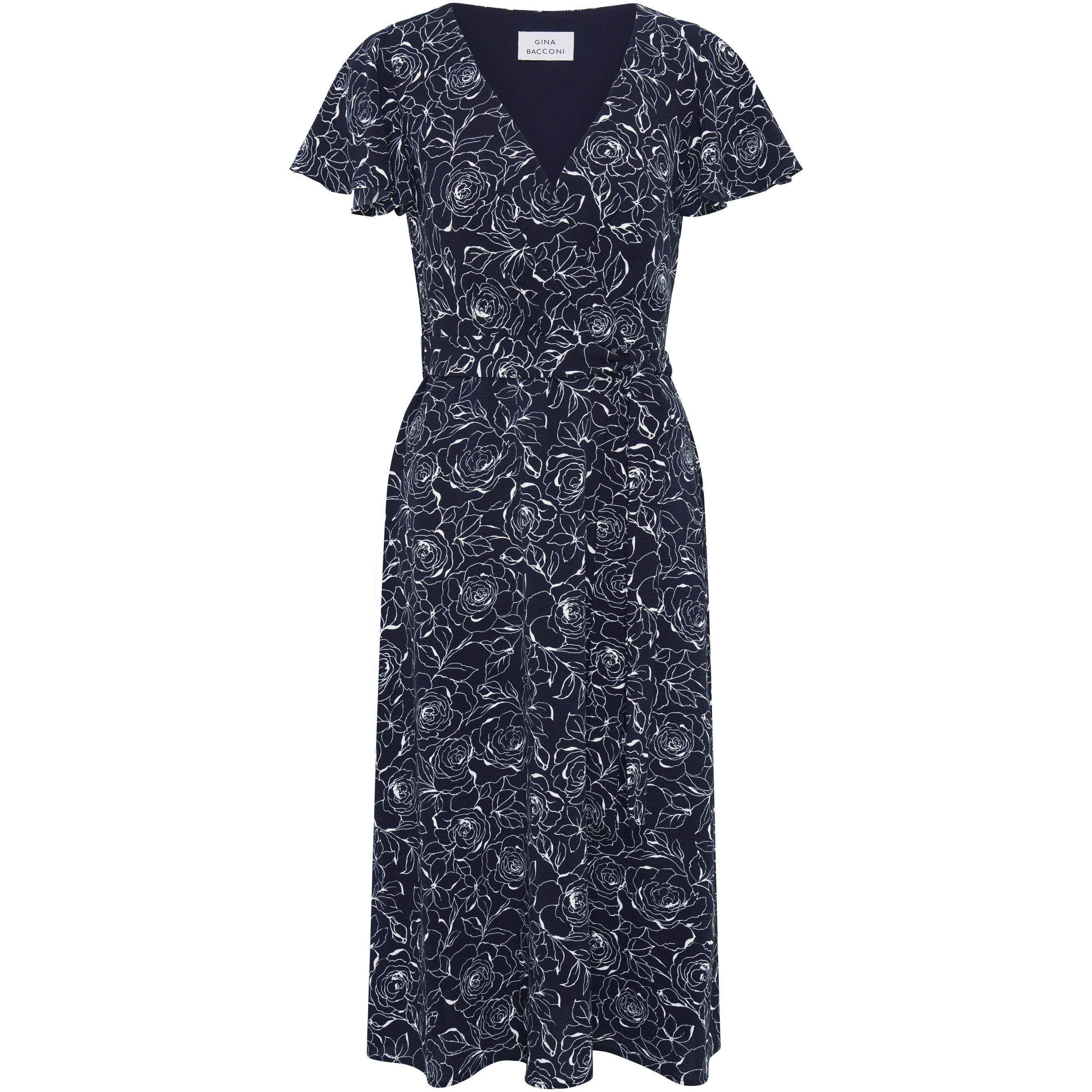 Navy / White - Gina Bacconi - Persia Faux Wrap Flutter Sleeve Dress - 4