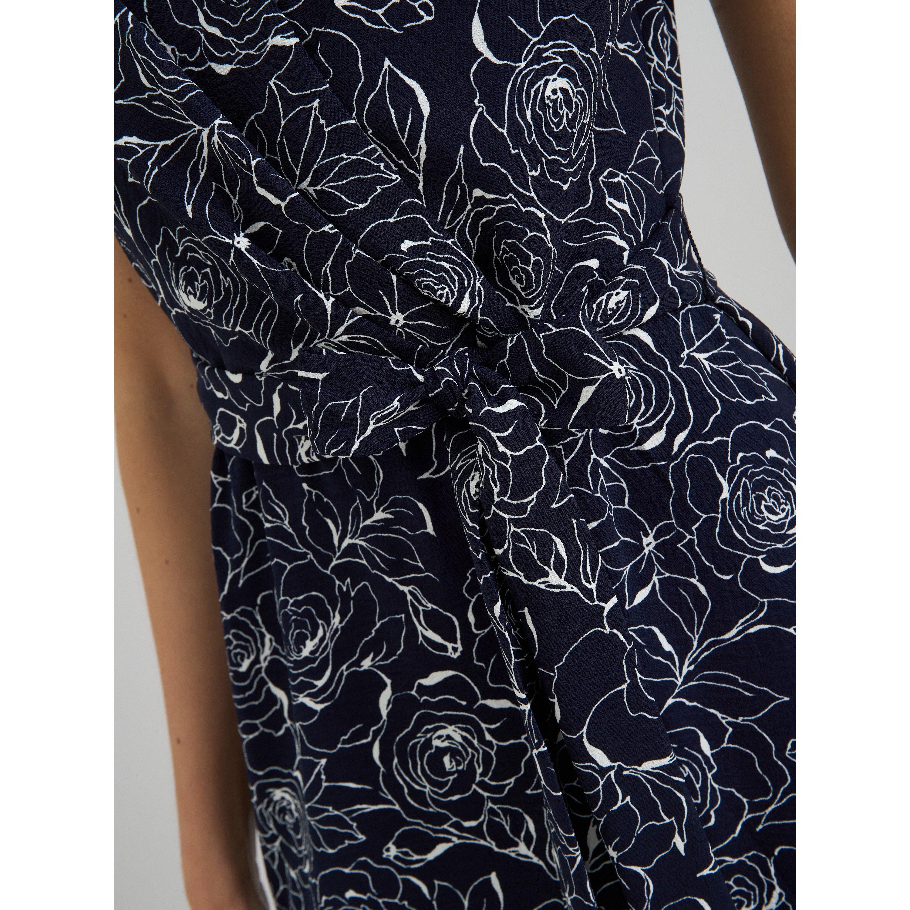 Navy / White - Gina Bacconi - Persia Faux Wrap Flutter Sleeve Dress - 5