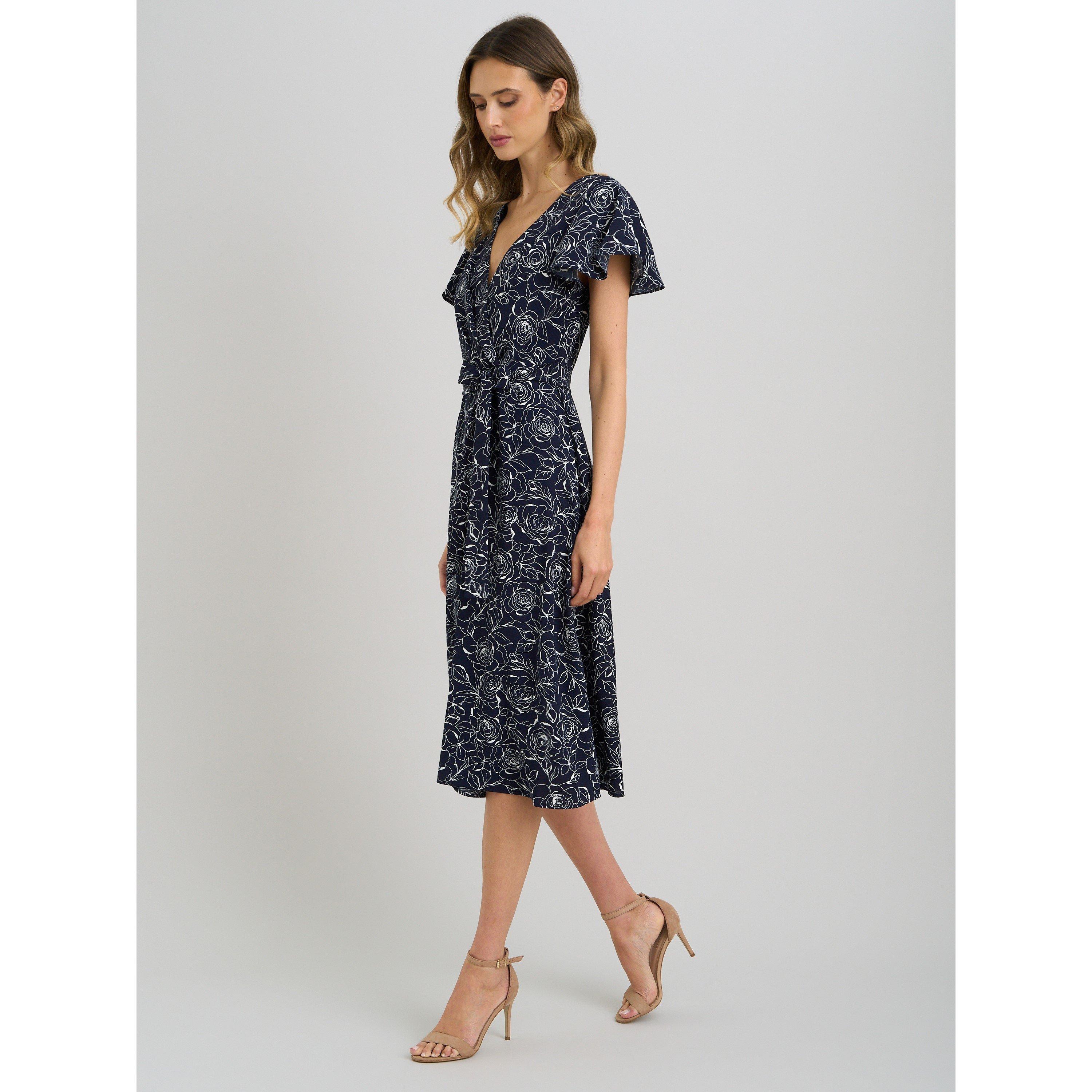 Navy / White - Gina Bacconi - Persia Faux Wrap Flutter Sleeve Dress - 6