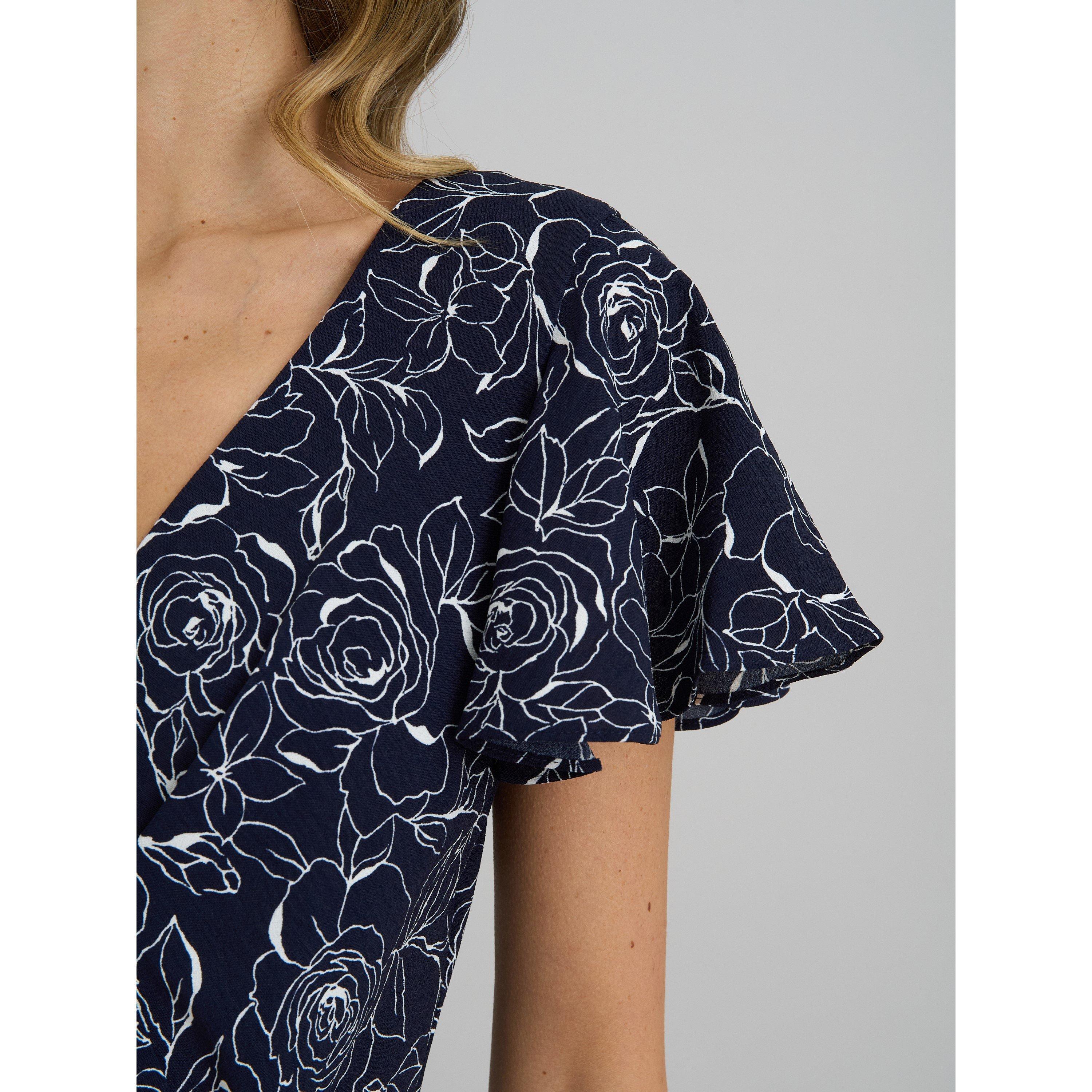 Navy / White - Gina Bacconi - Persia Faux Wrap Flutter Sleeve Dress - 7