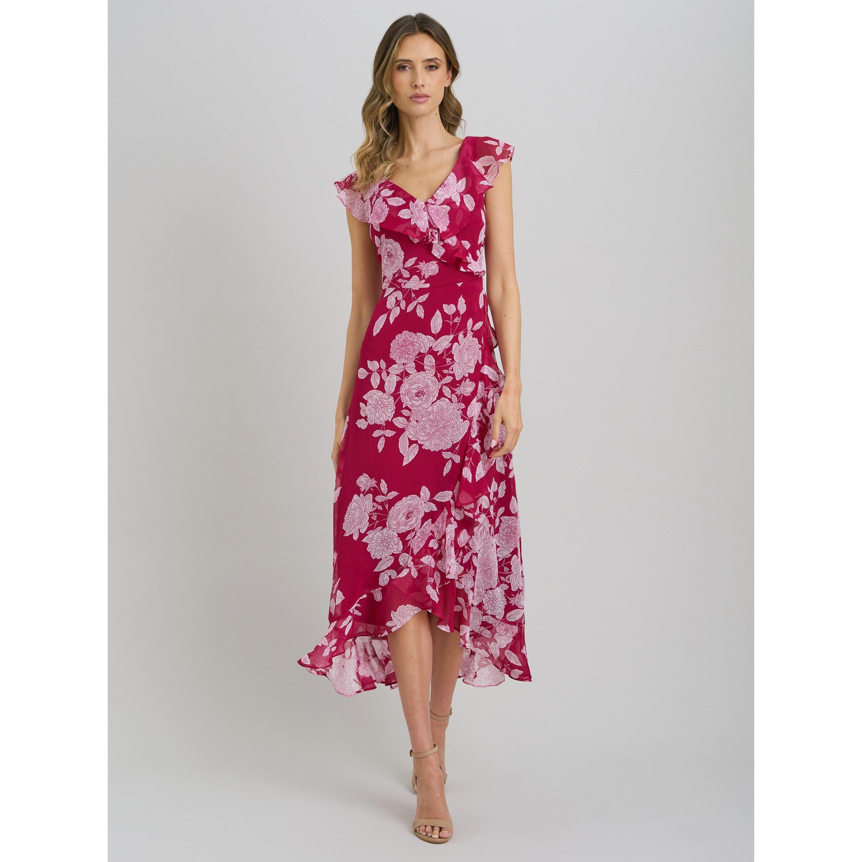Red / White - Gina Bacconi - Marilyn Floral Print Yoryu Dress - 1