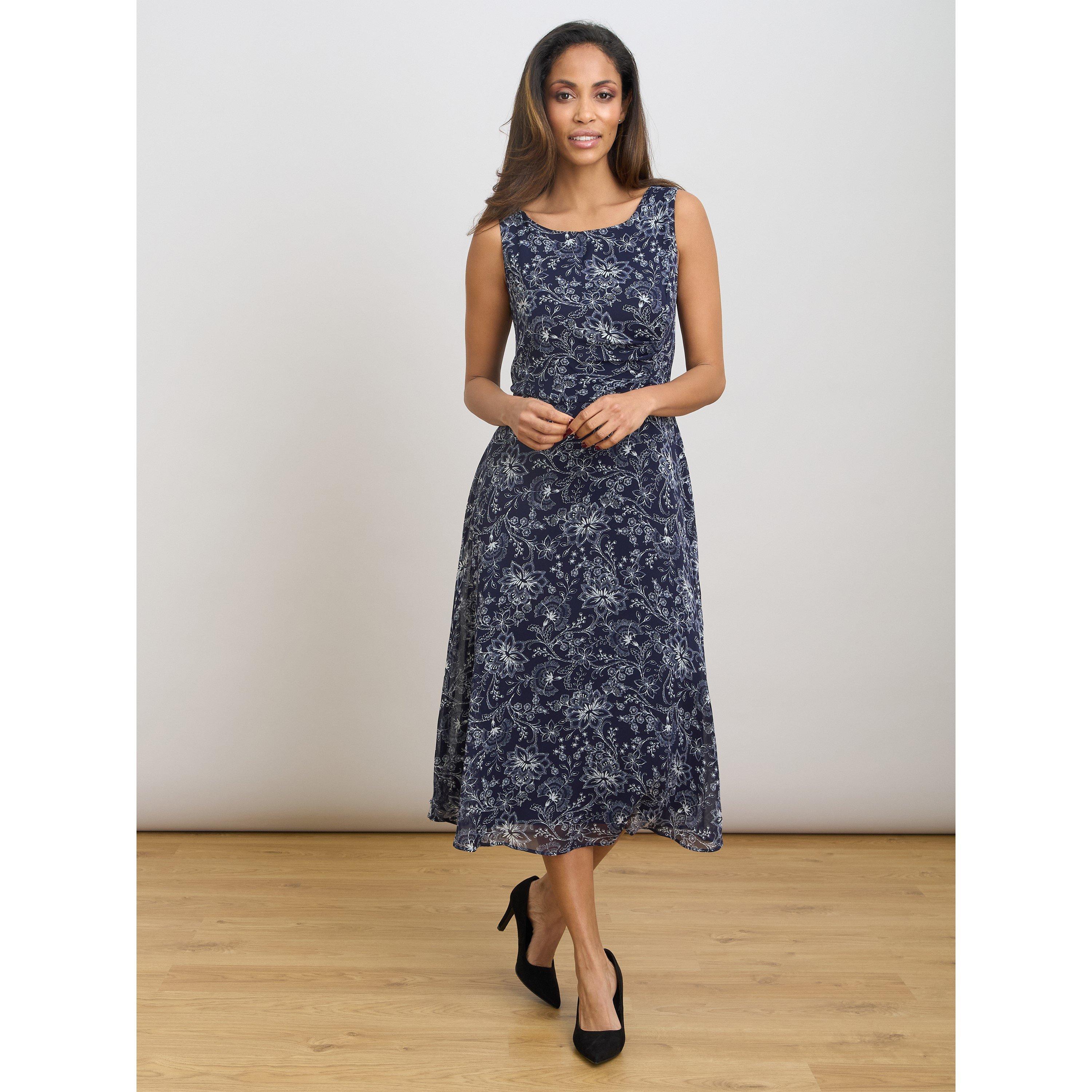 Navy - Gina Bacconi - Octavia Chiffon Floral Midi Dress - 1