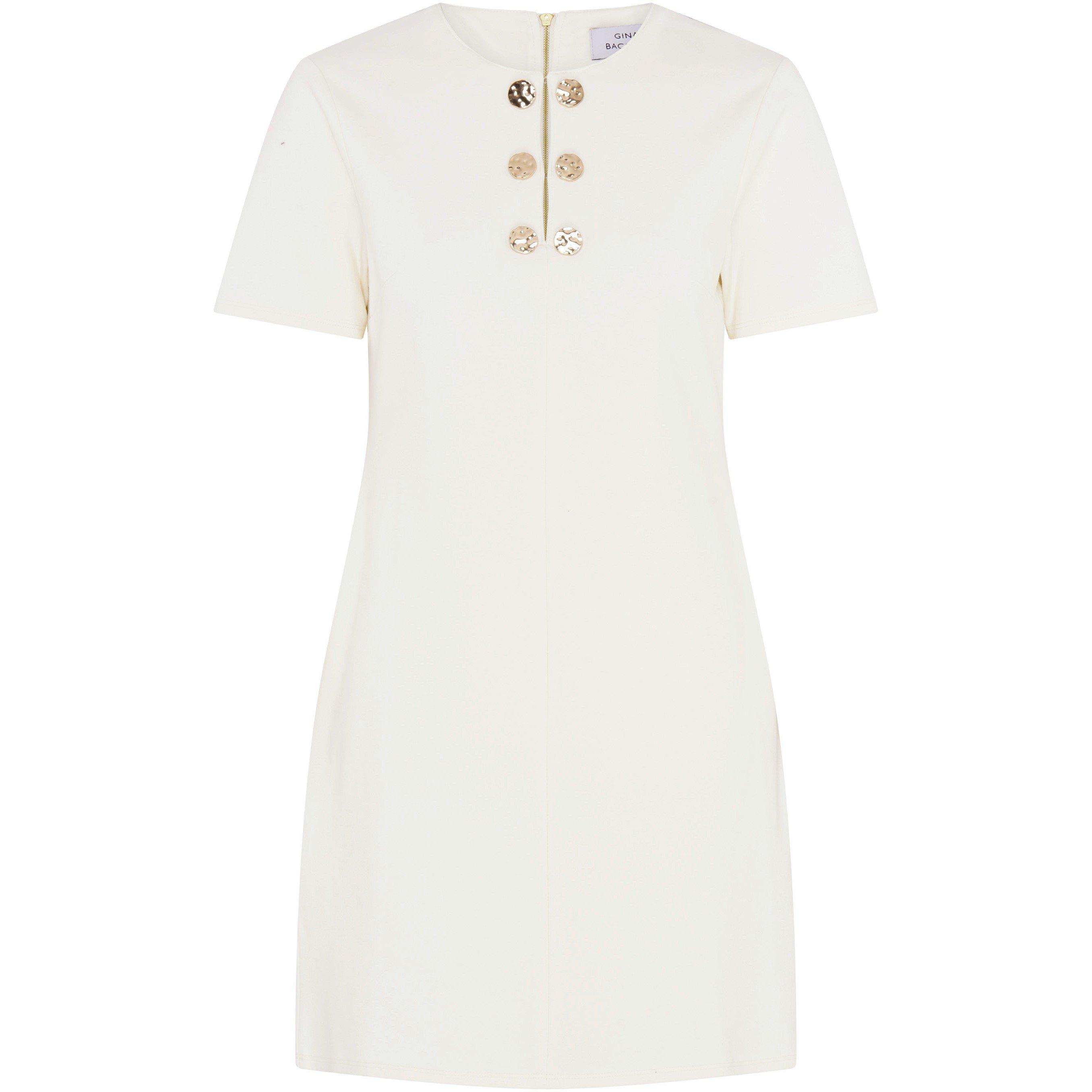 White - Gina Bacconi - Jinny Button Split Neck A-Line Dress - 4