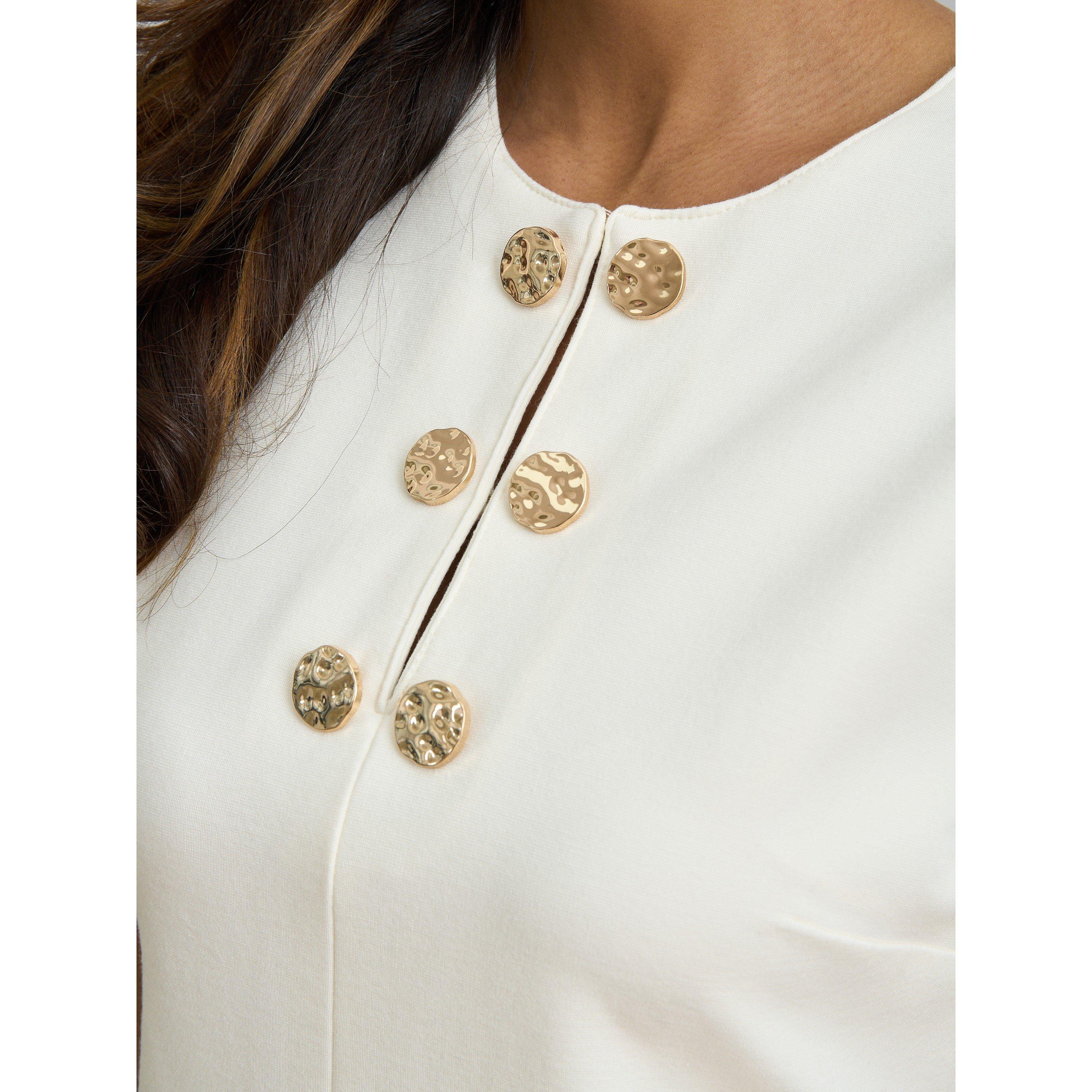 White - Gina Bacconi - Jinny Button Split Neck A-Line Dress - 5