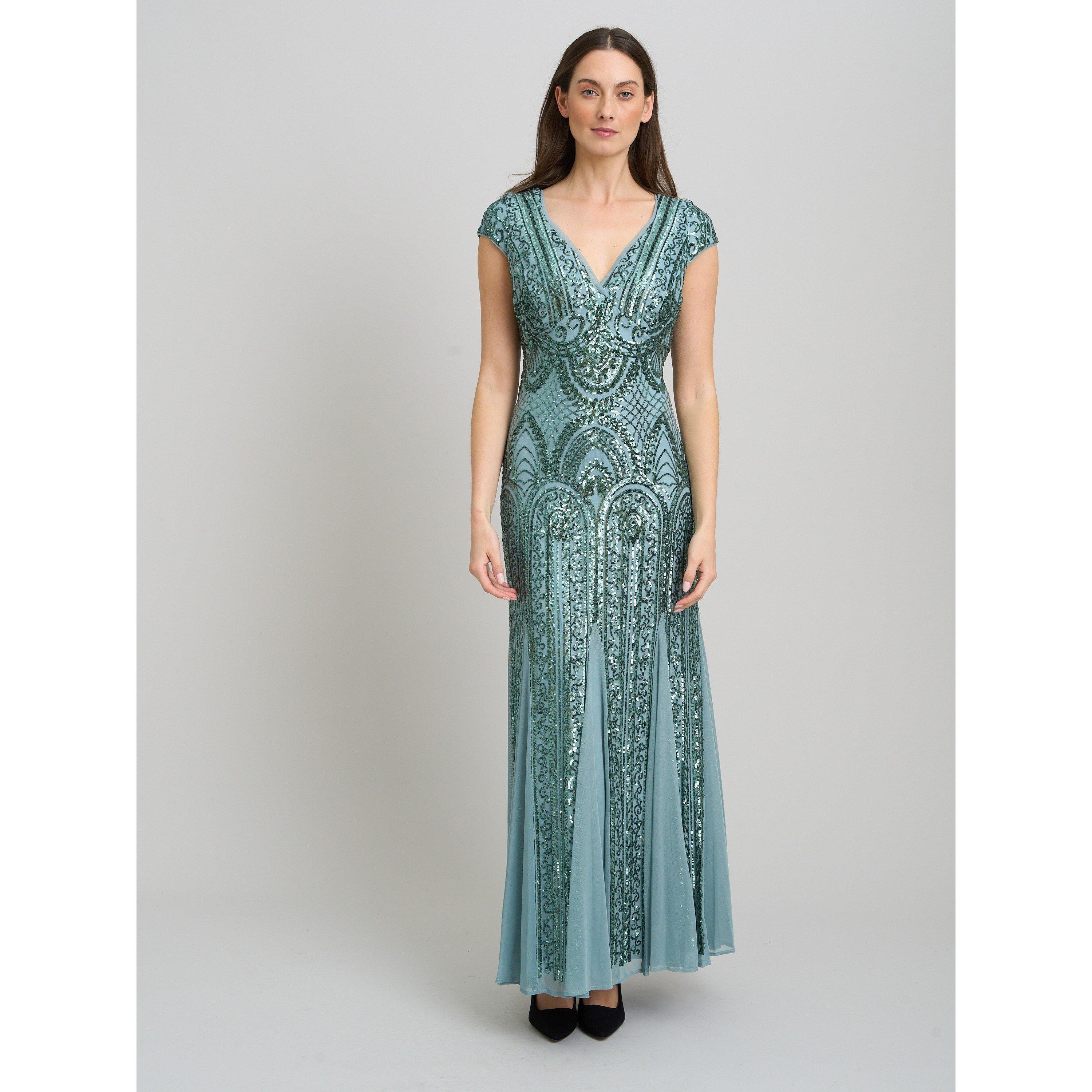 Sea Mist - Gina Bacconi - Mimsy V Neck Beaded Maxi Dress - 6