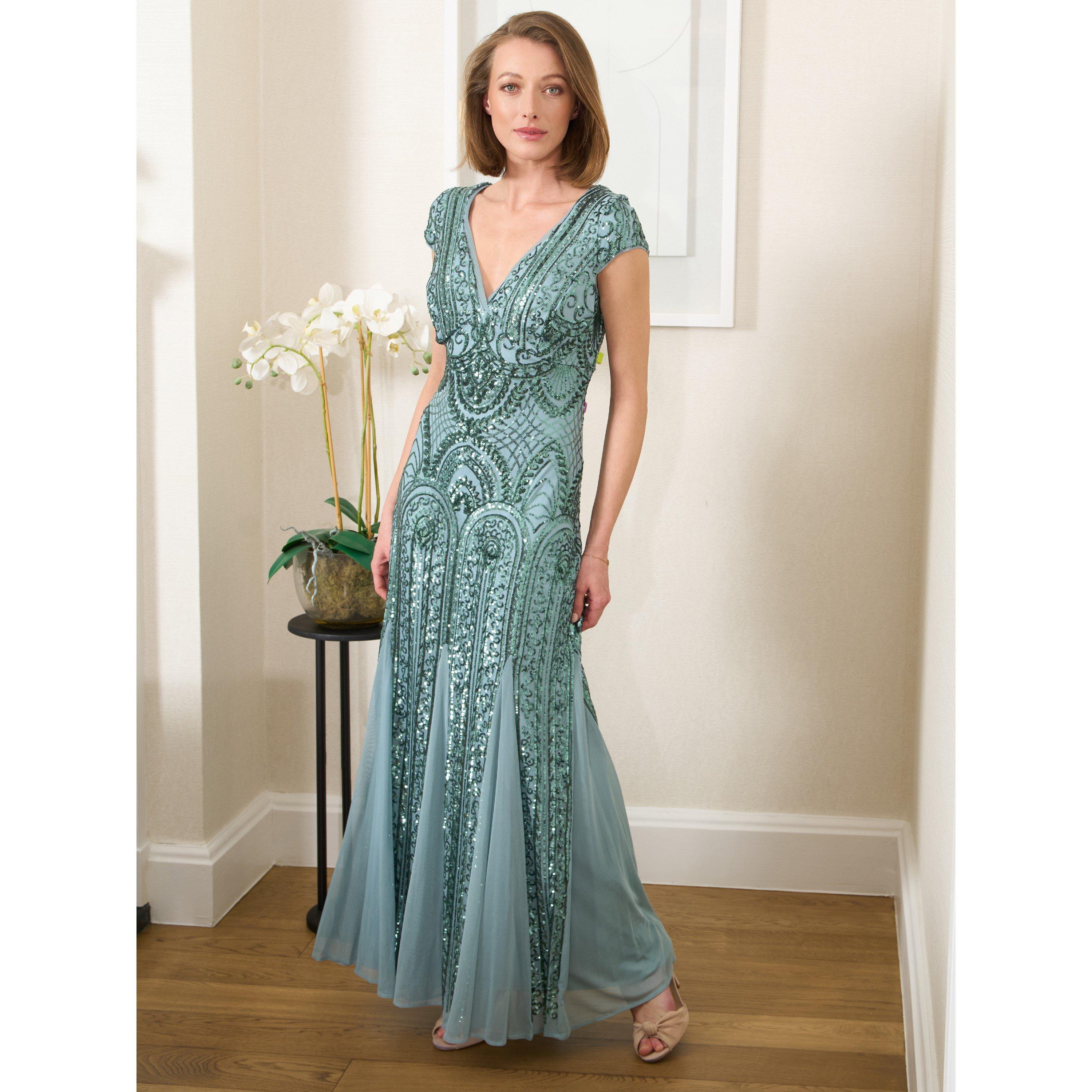 Sea Mist - Gina Bacconi - Mimsy V Neck Beaded Maxi Dress - 8