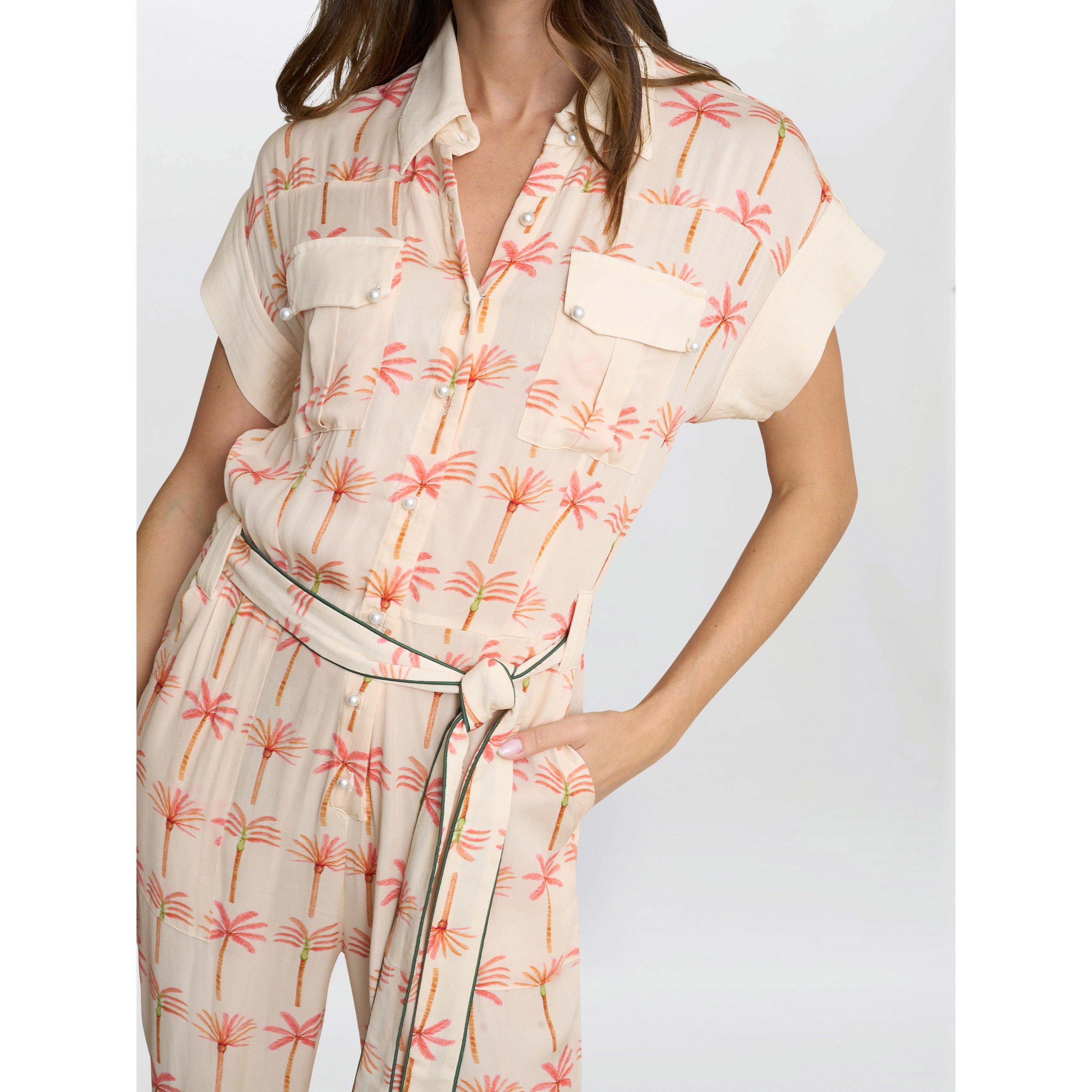 Cream Pastel - Gina Bacconi - Natalia Palm Tree Print Jumpsuit - 4