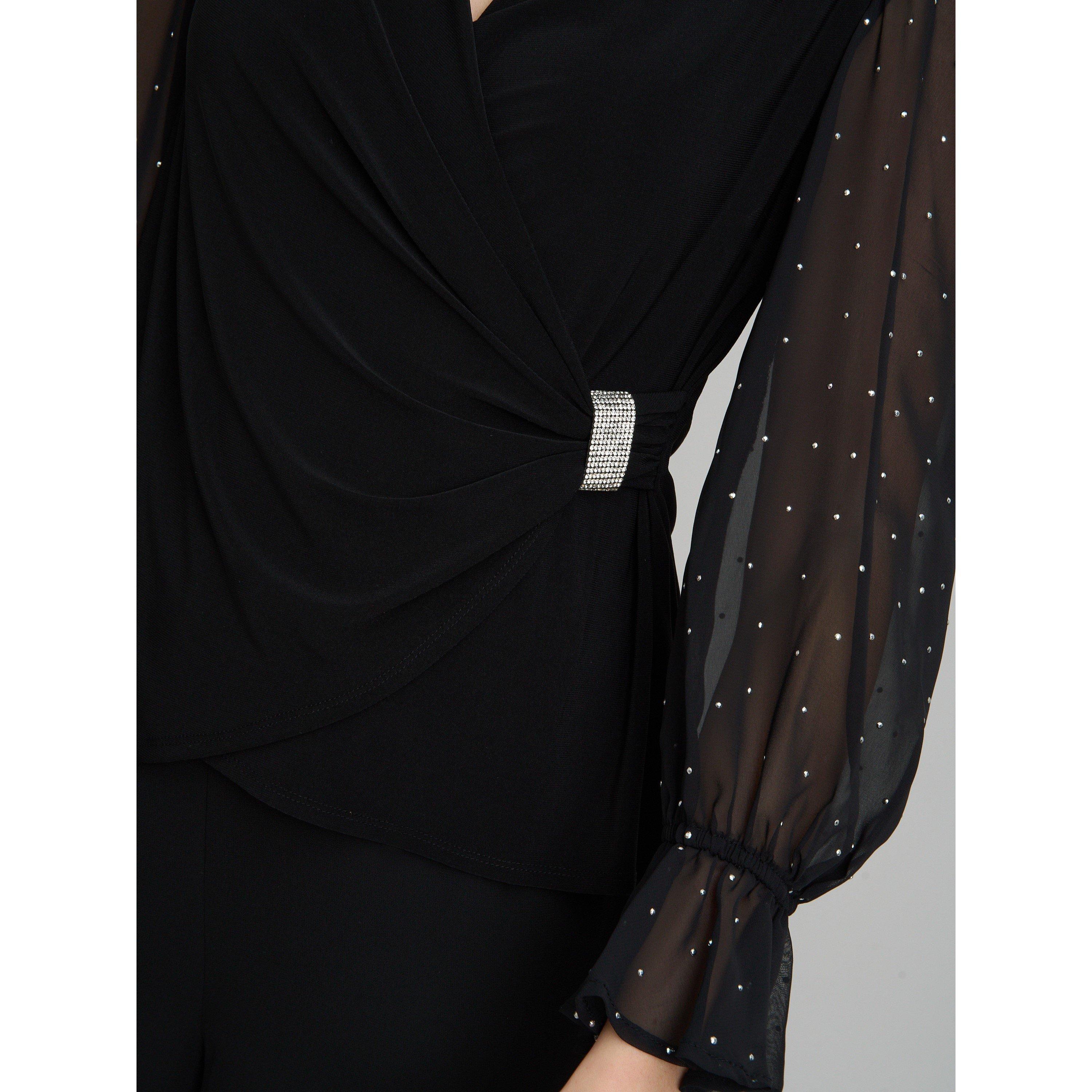 Black - Gina Bacconi - Jewel Wrap Top With Embellished Sleeves - 4
