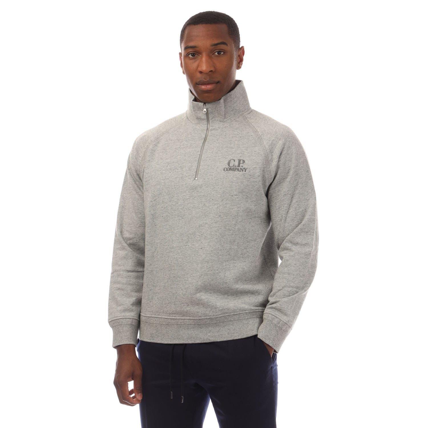 Grey - CP Company - Diagonal Raised Fleece Half Zip Logo Sweatshirt - 1